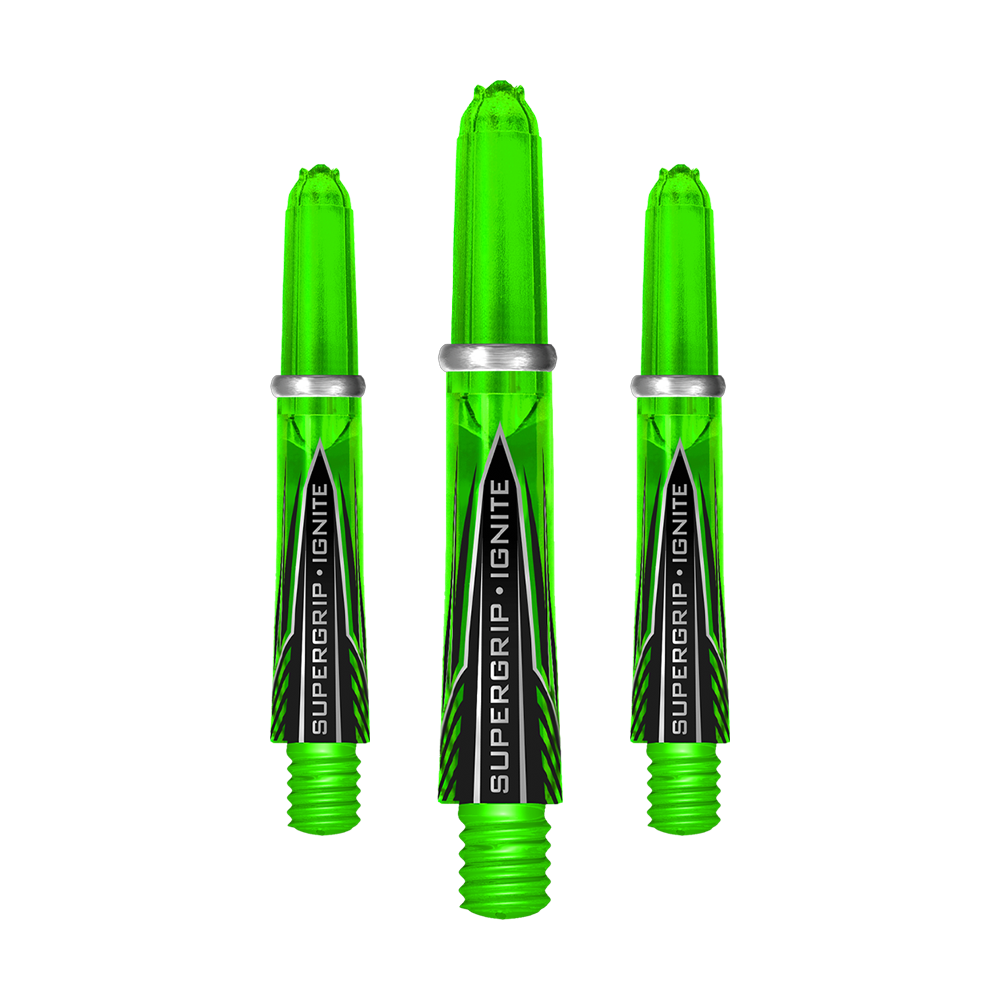 HR389_Harrows_Supergrip_Ignite_Shafts_Gr-n_33mm_1 Das Bild zeigt drei grüne Harrows Supergrip Ignite Shafts. Sie sind transparent und tragen den Aufdruck "SUPERGRIP IGNITE".