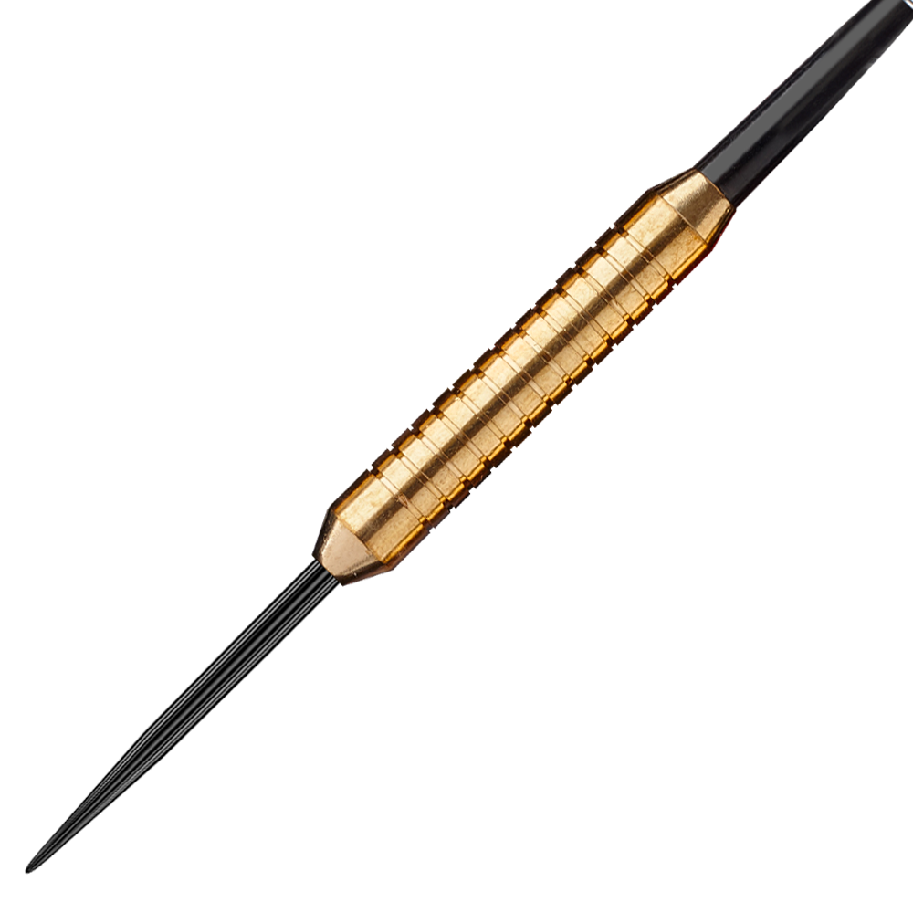 1225-22_Winmau_Broadside_Brass_Steeldarts_2 Das Bild zeigt einen Winmau Broadside Brass Steeldart mit einem Gewicht von 22 Gramm. Der Dart hat eine messingfarbene, gerillte Oberfläche und eine schwarze Spitze.