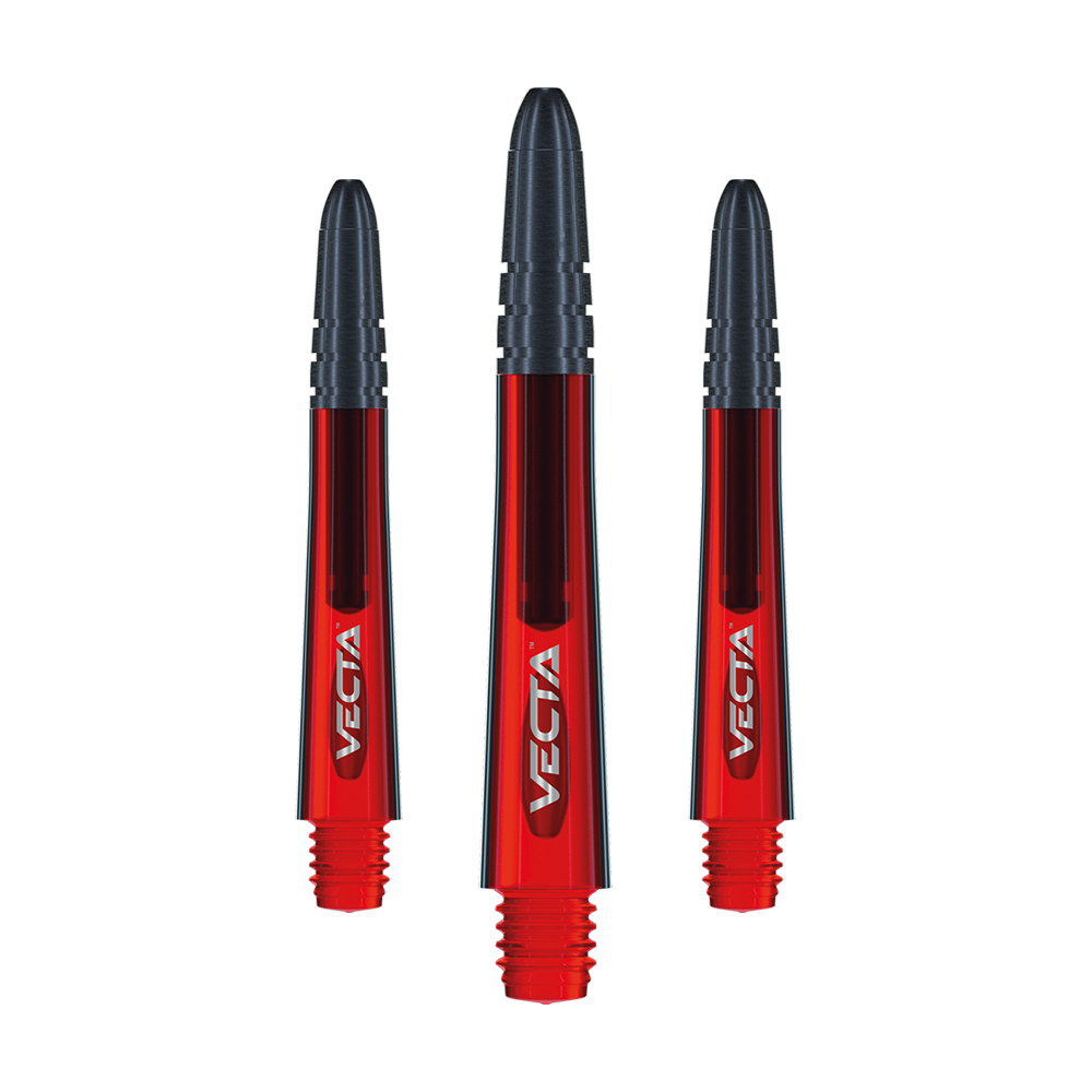 Auf dem Bild sind drei rote Dart-Schäfte mit schwarzer Spitze zu sehen. Auf den Schäften steht das Wort "VECTA" in weißer Schrift.