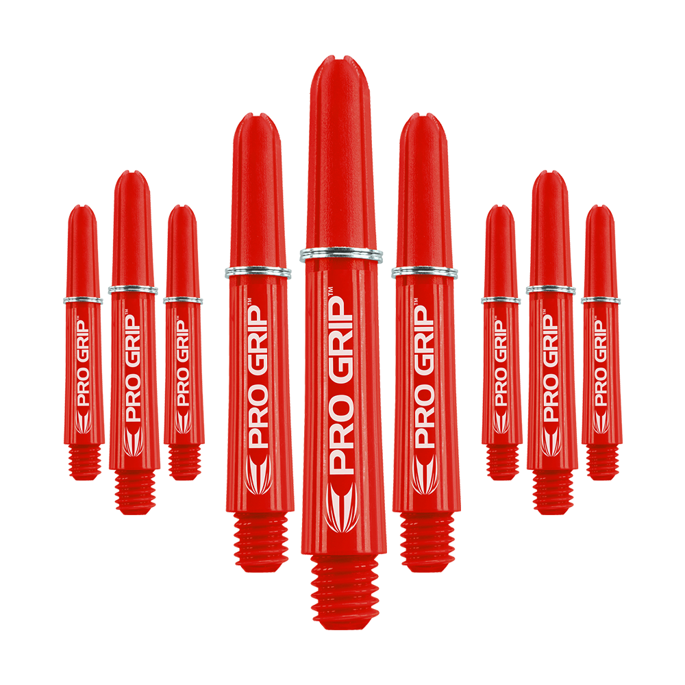 Das Bild zeigt neun rote Dart-Schäfte mit der Aufschrift "PRO GRIP". Sie sind in drei Gruppen angeordnet und haben ein auffälliges, glänzendes Design.