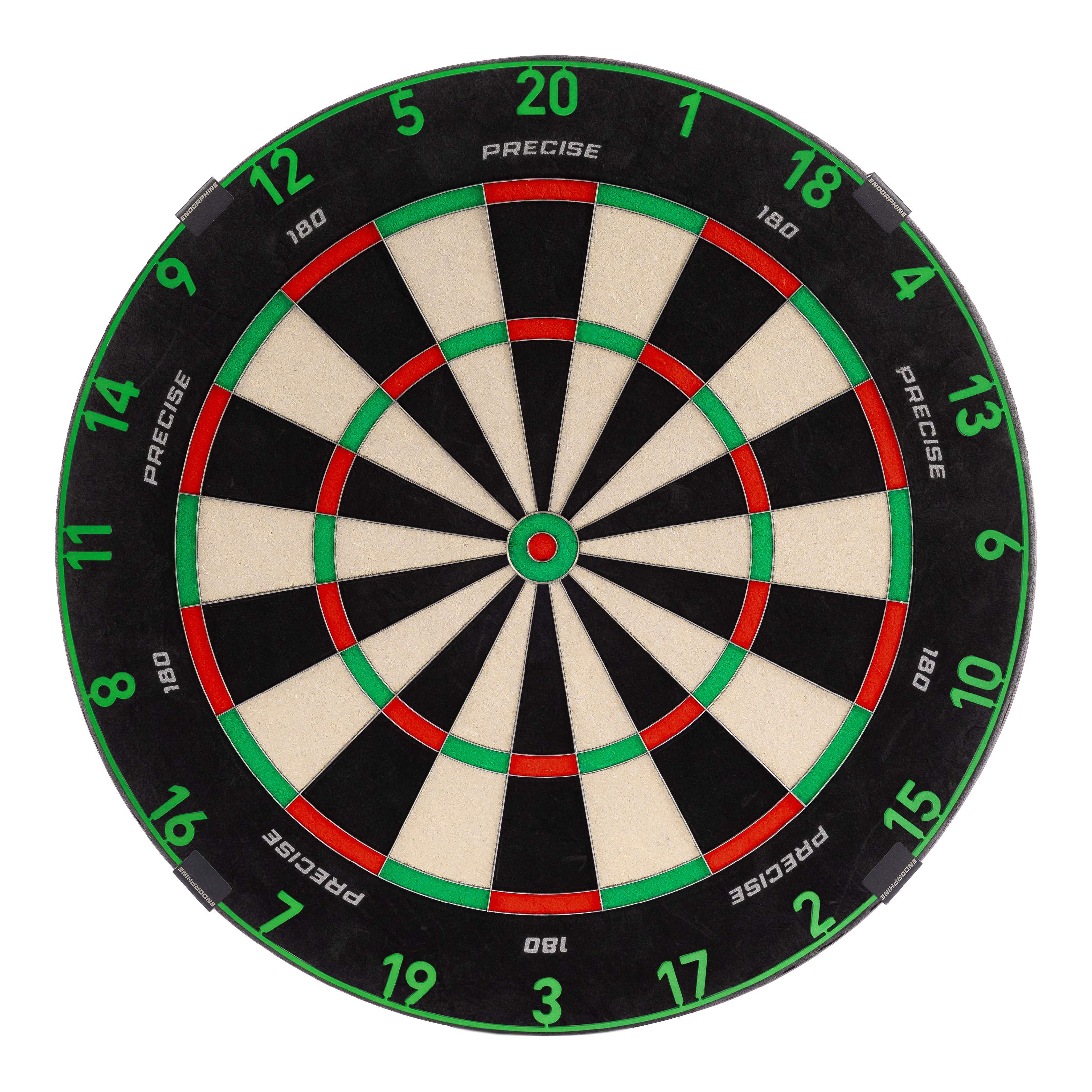Precise 180 Endorphine Steeldartboard mit Nummernring - Emerald Green Zu sehen ist ein Precise 180 Endorphine Steeldartboard mit Nummernring. Es bietet ein klassisches Dartboard-Design.