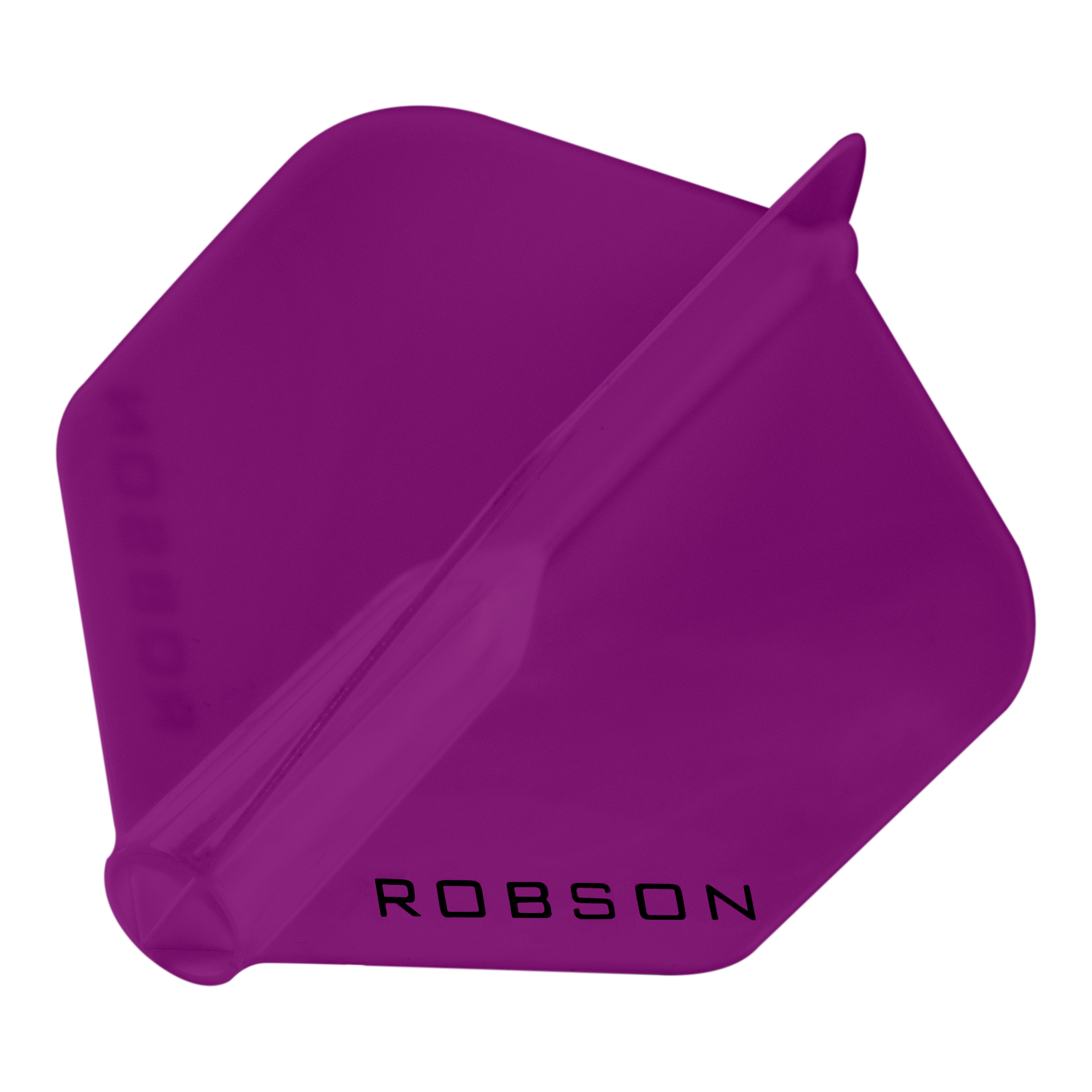 Das Bild zeigt ein violettes Dartflight mit sechseckiger Form. Auf dem Flight steht das Wort "ROBSON" in schwarzen Buchstaben.