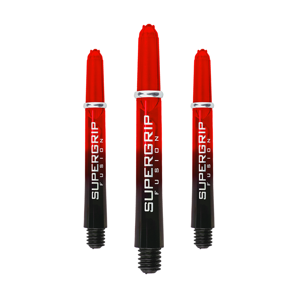 HR343_Harrows_Supergrip_Fusion_Shafts_Rot_40mm_1Mdm0kWbcAgFm6 Das Bild zeigt drei Harrows Supergrip Fusion Shafts in der Farbe Rot. Die Shafts sind rot-schwarz und haben die Aufschrift "SUPERGRIP FUSION".