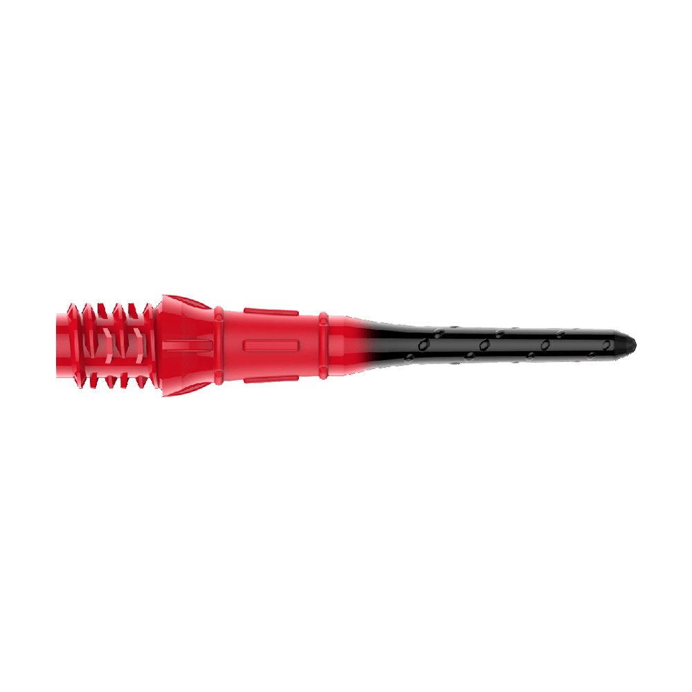 L-Style Premium Lippoint Gradiation Dartspitzen (30er Pack) Auf dem Bild ist eine Dartspitze zu sehen, die aus rotem und schwarzem Kunststoff besteht. Der vordere Teil ist schwarz, während der hintere Teil rot ist.