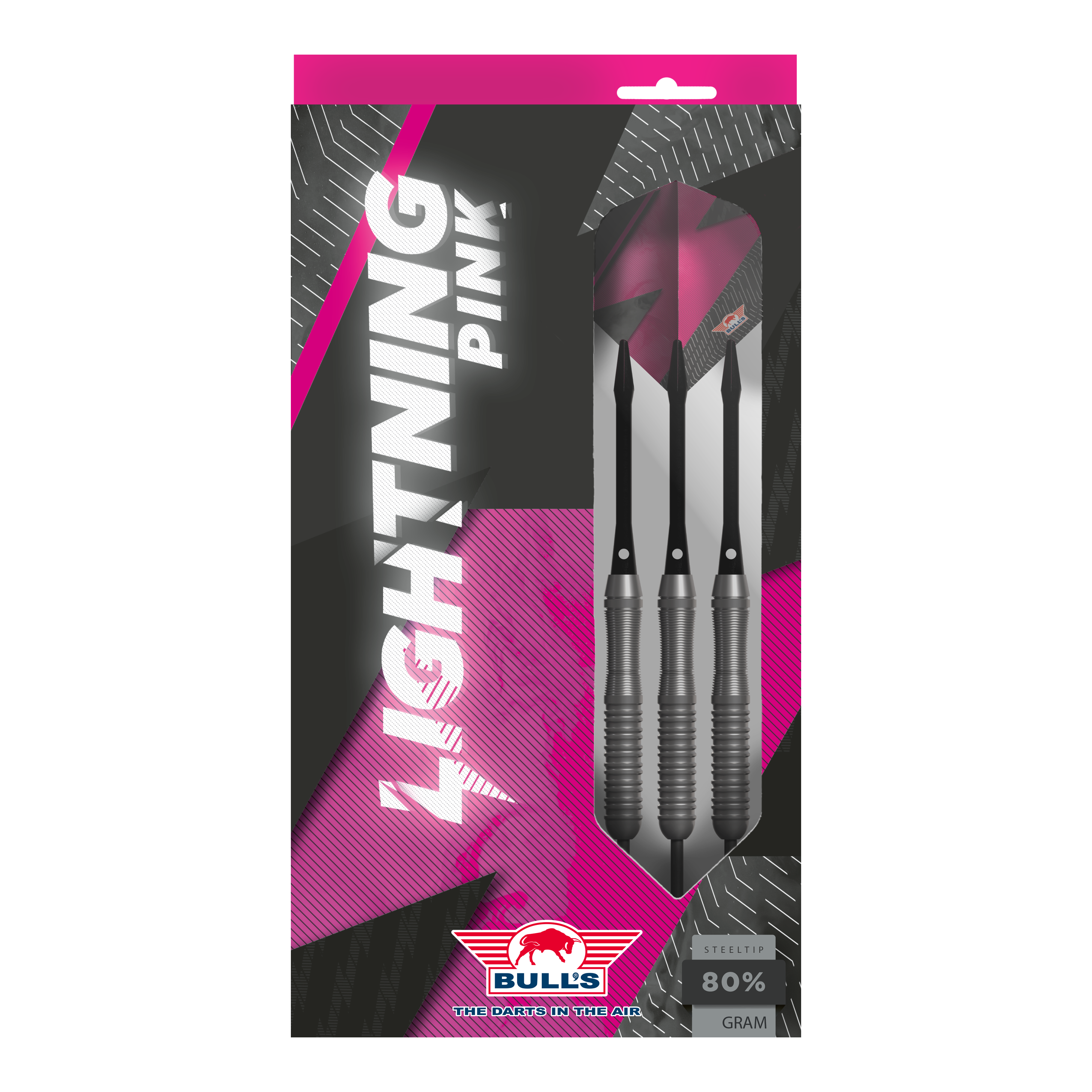 Bulls NL Lightning Pink Steeldarts Das Bild zeigt eine Verpackung der "Bulls NL Lightning Pink Steeldarts". Die Darts sind in Schwarz und Pink gestaltet und haben einen Stahlspitze.