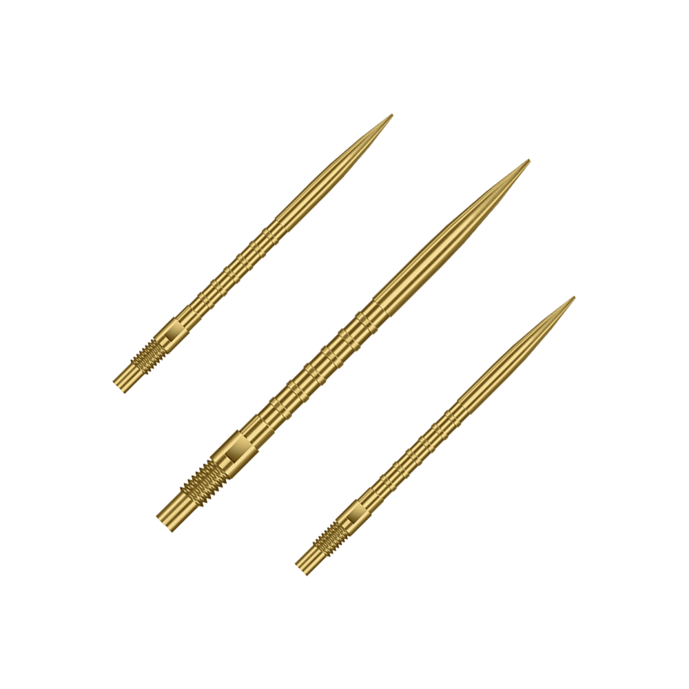 Mehrere Harrows Quick Point Heavy Metal Grip Dartspitzen in Gold, 35 mm, sind als Set abgebildet. Die Spitzen liegen nebeneinander zur Präsentation.