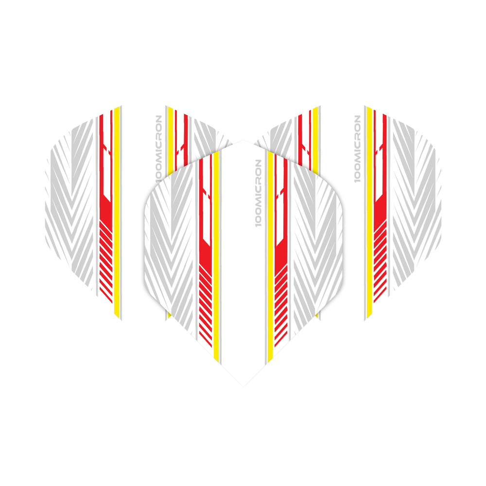 Pentathlon Flights weiß/rot/gelb Das Bild zeigt die Pentathlon White Red Yellow No2 Standard Flights in einem modernen Design. Die Flights sind weiß mit roten, gelben und grauen Streifen verziert.