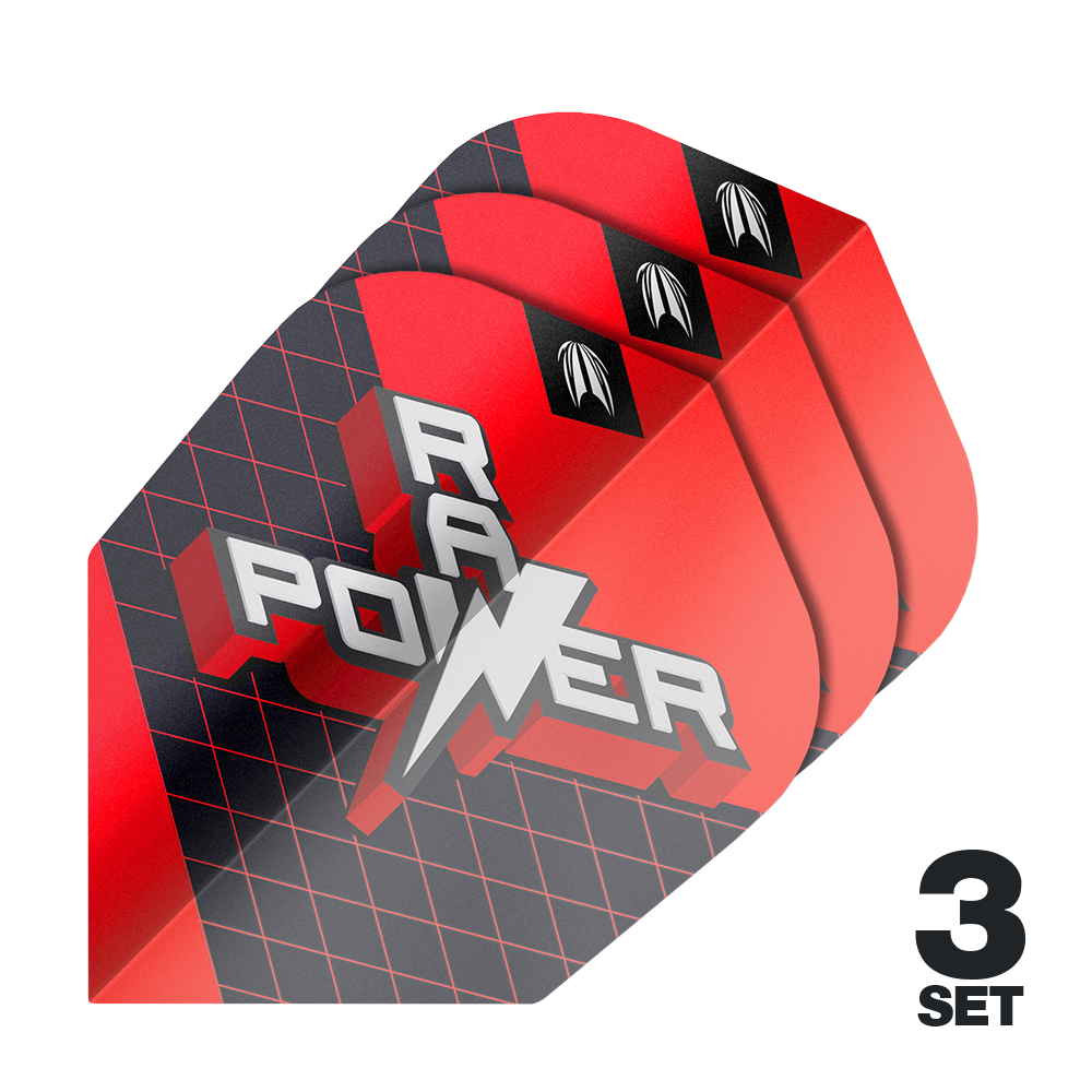 Target Pro Ultra Phil Taylor Power 9Five GEN11 No6 Flights - 3 Sets Das Bild zeigt drei Sets der Target Pro Ultra Phil Taylor Power 9Five GEN11 No6 Flights. Die Flights sind überwiegend rot und schwarz gestaltet und tragen die Aufschrift "RAY POWER".
