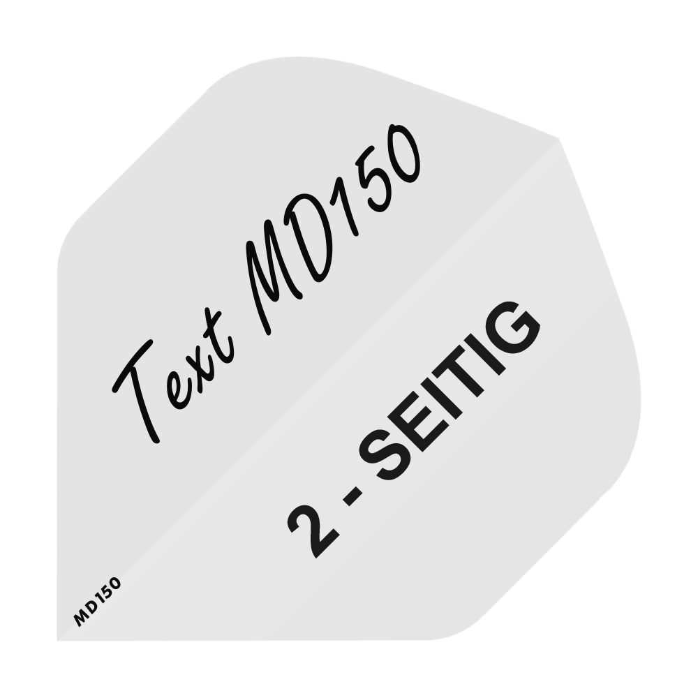 MD-201_2-Seitig_Bedruckte_Flights_Wunschtext_MD150_Weiss_Standard_1 Das Bild zeigt ein weißes Dartflight mit der Aufschrift "Text MD150" und "2-SEITIG". In der unteren Ecke steht zusätzlich "MD150".