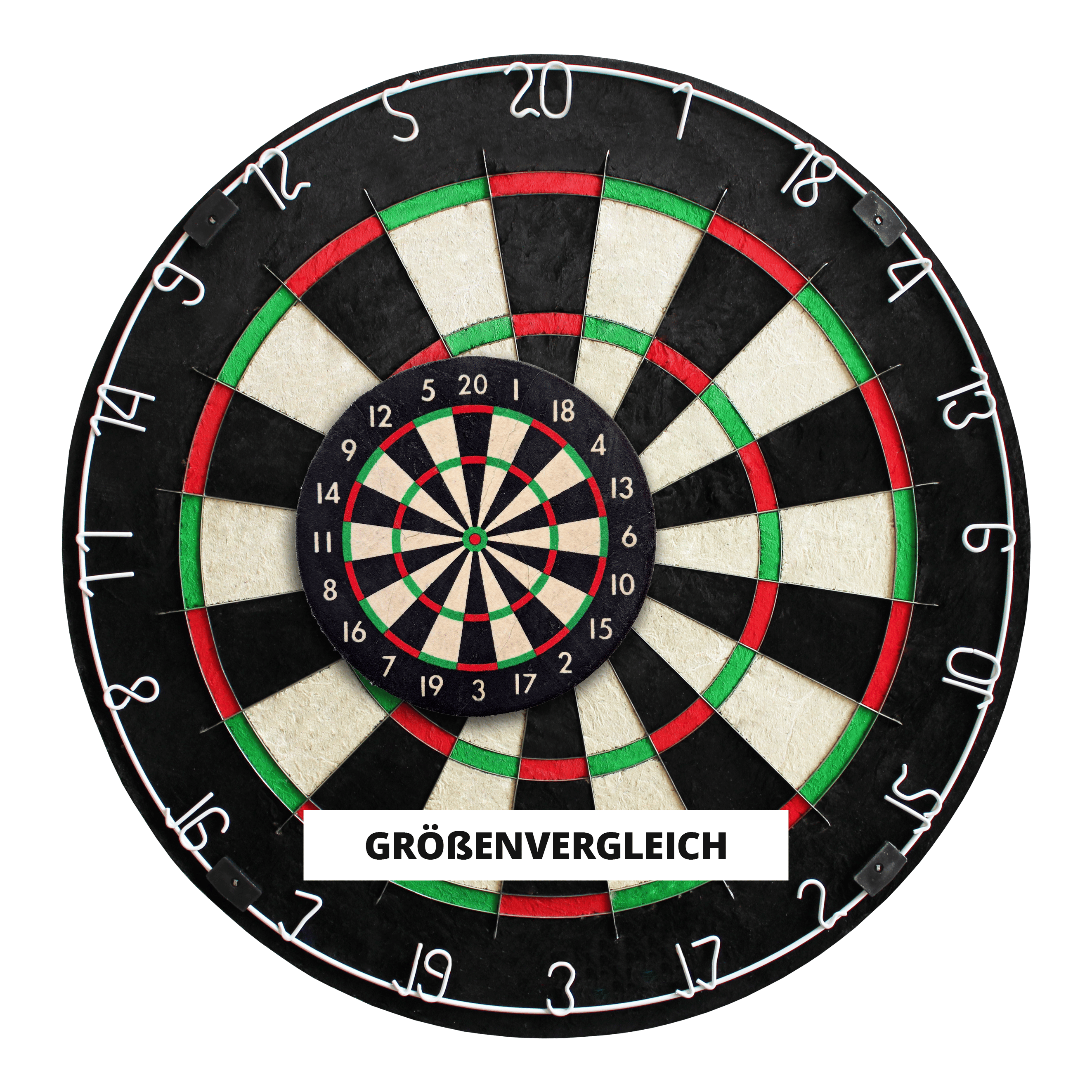 Ruthless Mini Desktop Dartboard Set Das Bild zeigt zwei Dartscheiben, eine große und eine kleine, die übereinander gelegt wurden. In der Mitte steht das Wort "Größenvergleich" auf einem weißen Streifen.