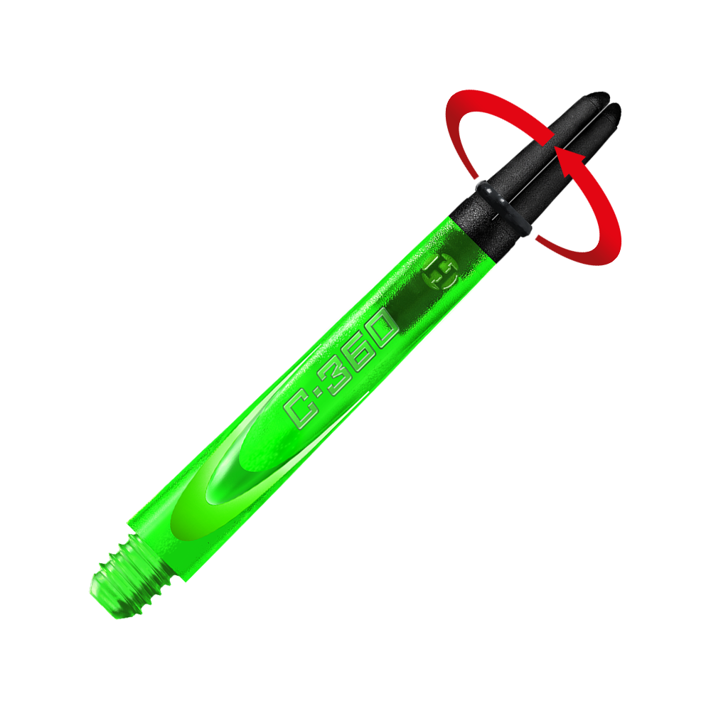 HR454_Harrows_Carbon_360_Shafts_Gr-n_49mm_2_Symbol Das Bild zeigt einen grünen Dart-Schaft mit der Aufschrift "C:360". Der Hintergrund ist in leuchtendem Grün gehalten, während das obere Ende des Schafts schwarz ist.