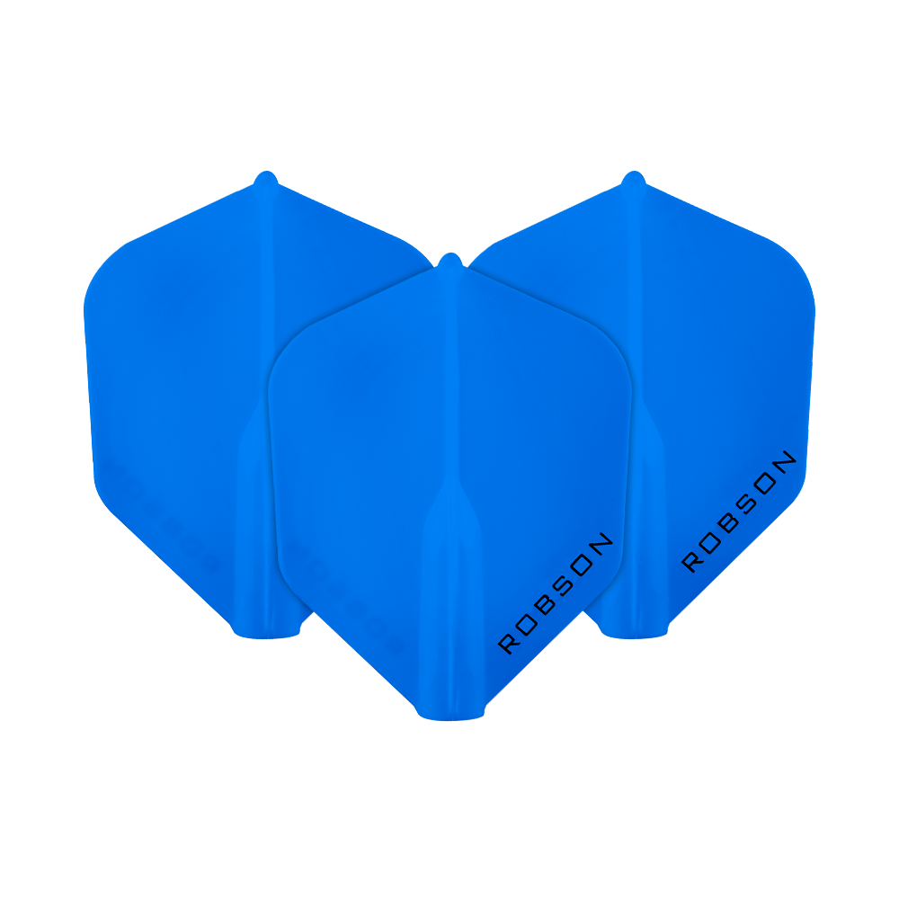 Das Bild zeigt drei blaue Dartflights der Marke Robson. Auf jedem Flight steht der Schriftzug "ROBSON" in schwarzer Schrift.