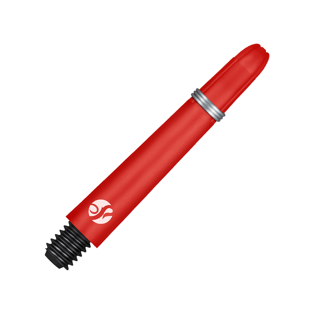 Auf dem Bild ist ein roter Carbon-Schaft für Dartpfeile zu sehen. Er hat ein silbernes Ringdetail und ein schwarzes Schraubgewinde am Ende.