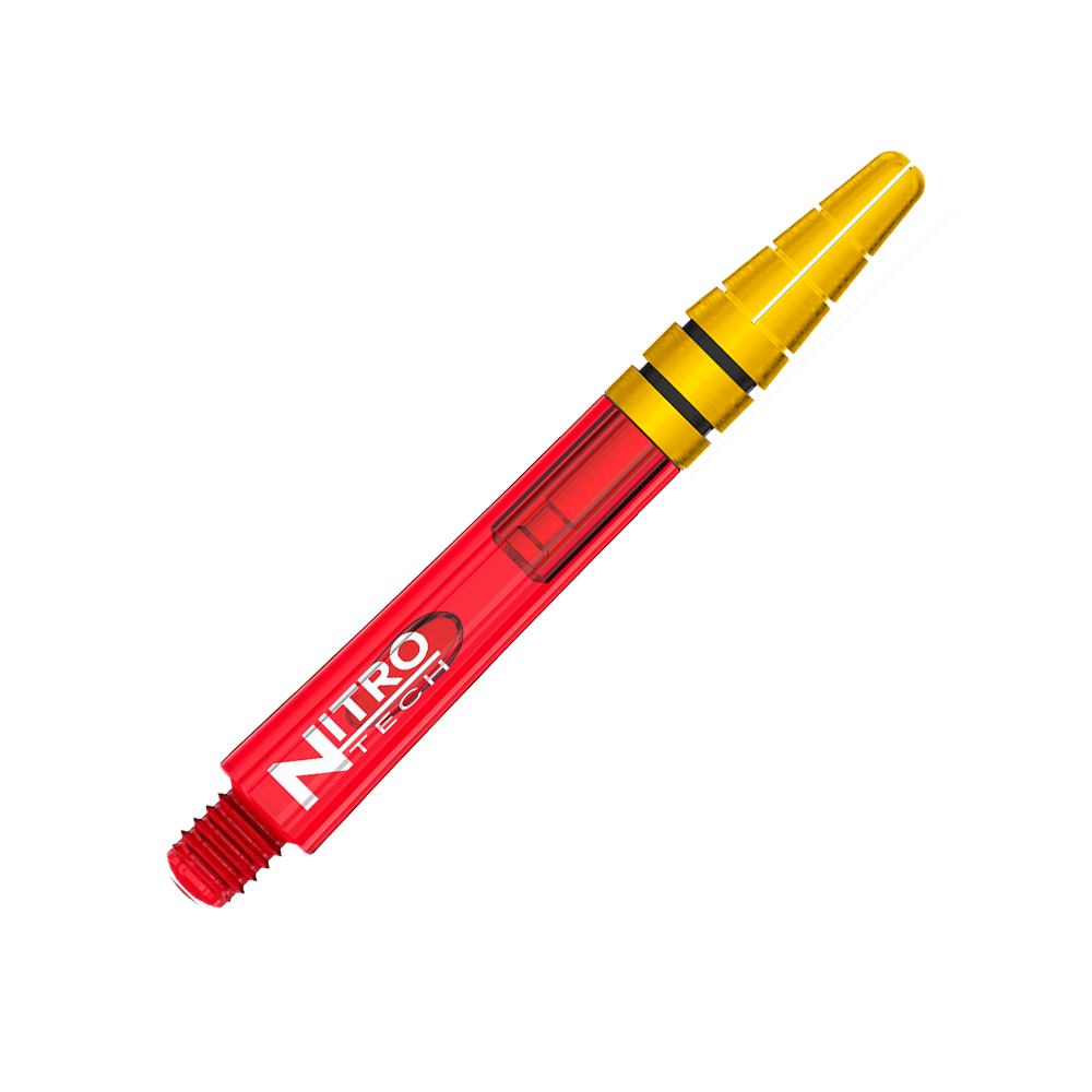 C801_Red_Dragon_Nitrotech_Shafts_Rot_Gold_39mm_2 Das Bild zeigt einen Red Dragon Nitrotech Shaft in Rot und Gold mit einer Länge von 39 mm. Das Produkt hat die Aufschrift "NITRO TECH" auf der roten Seite.