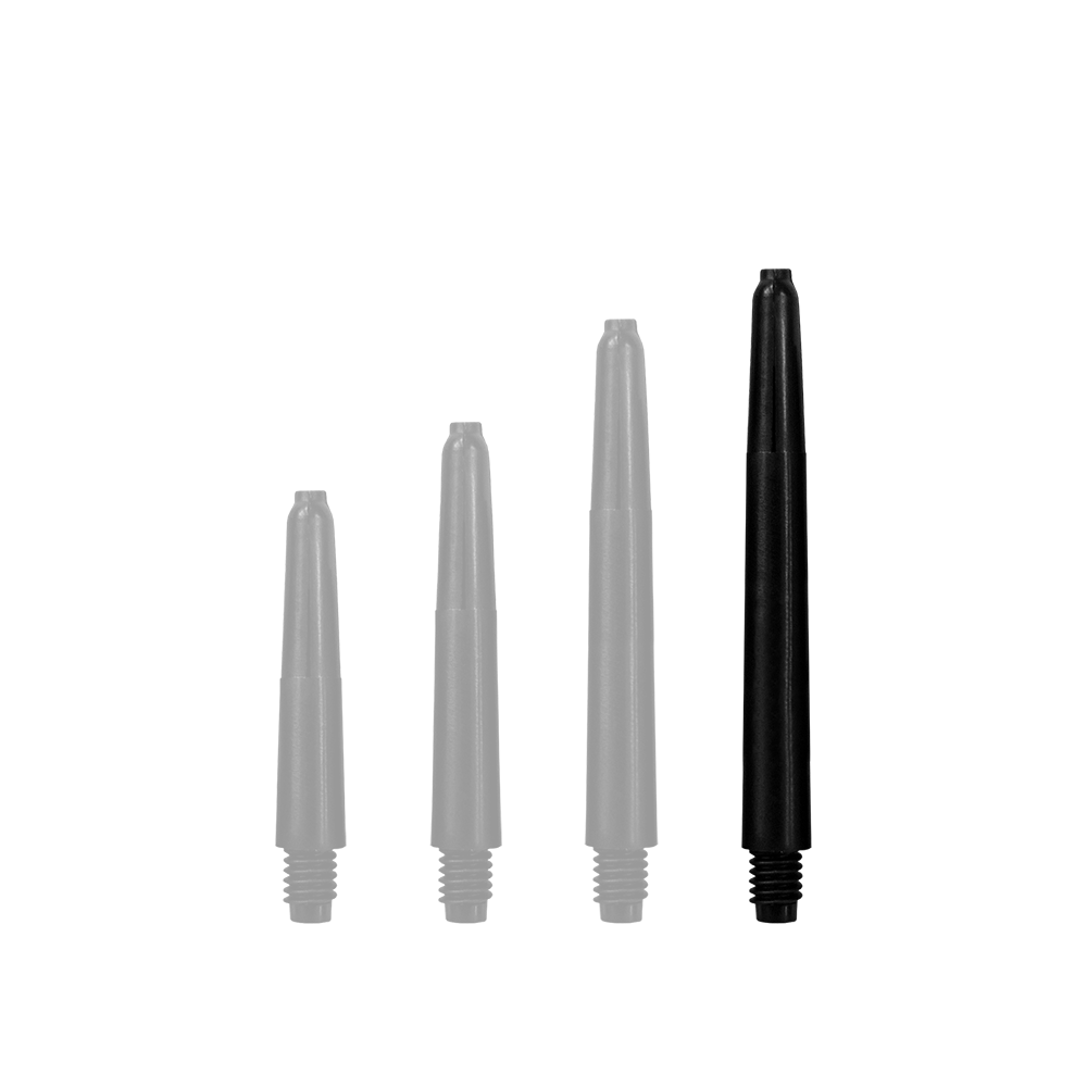 568_Nylon_Shafts_Schwarz_48mm_1nlixYWgZLdZtU Das Bild zeigt vier schwarze Nylon-Schäfte in unterschiedlicher Länge. Sie sind nebeneinander angeordnet und werden vermutlich für Dartpfeile verwendet.