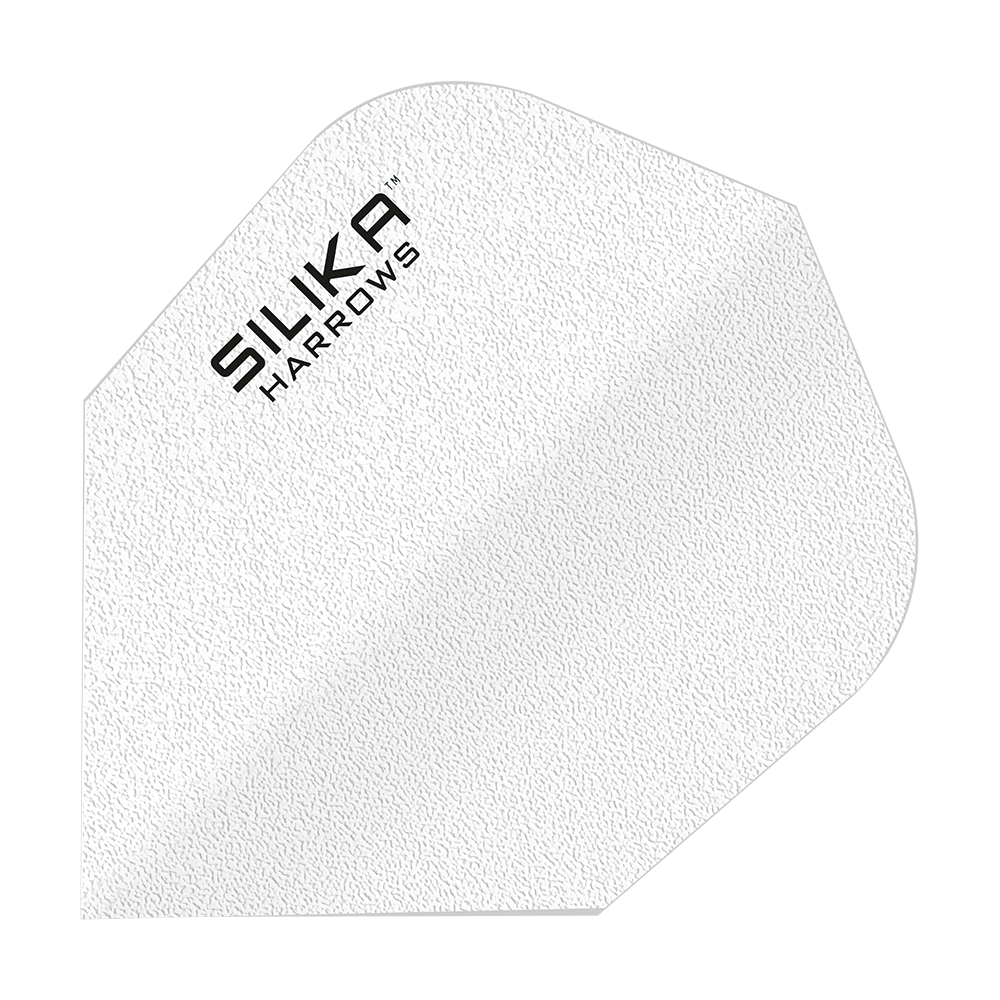 Harrows Silika Solid Tough Crystalline Coating White No6 Flights Das Bild zeigt ein weißes Dart-Flight mit der Aufschrift "SILIKA HARROWS". Es hat eine strukturierte Oberfläche und gehört zur Produktreihe "Silika Solid Tough Crystalline Coating White No6 Flights".