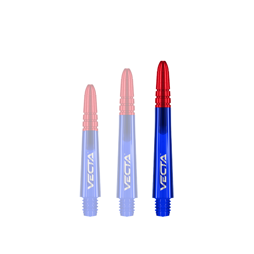 Das Bild zeigt drei Dartschäfte in den Farben Blau und Rot. Auf jedem Schaft steht der Schriftzug „VECTA“.