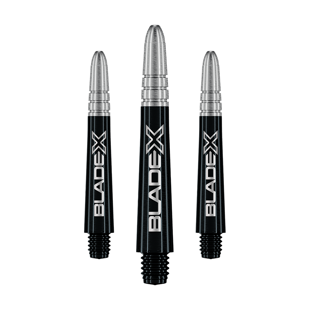 Auf diesem Bild ist der Artikel mit dem Dateinamen 7025-421_Winmau_Vecta_Blade_X_Shafts_Schwarz_37mm_1Set zu sehen. Es scheint ein Set schwarzer Dart-Schäfte mit 37mm Länge zu sein.