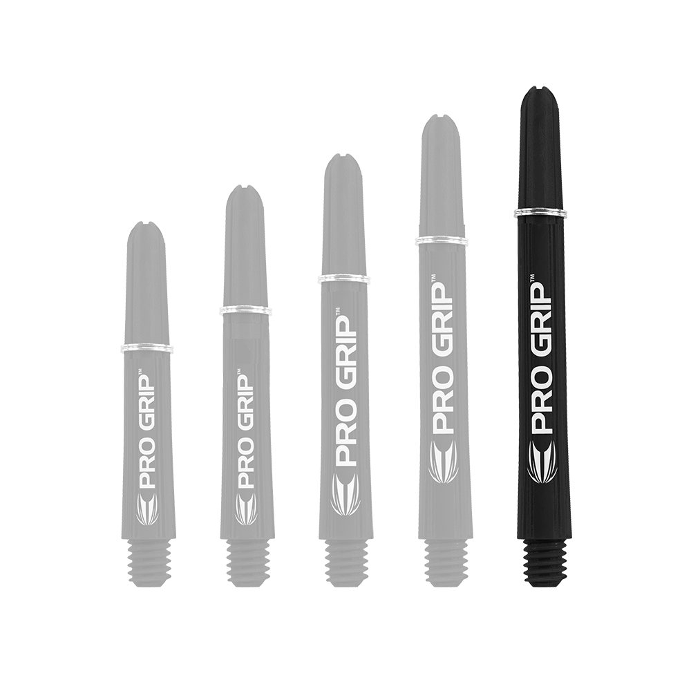 Das Bild zeigt fünf schwarze Target Pro Grip Shafts in unterschiedlichen Längen. Auf jedem Shaft steht in weißer Schrift "PRO GRIP".
