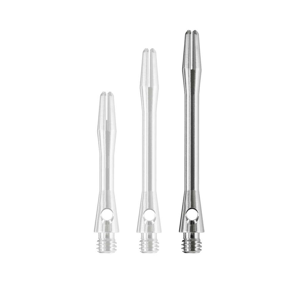 Das Bild zeigt drei Harrows Keramic Shafts in der Farbe Gun Metal. Die Dartschäfte sind in unterschiedlichen Längen angeordnet.