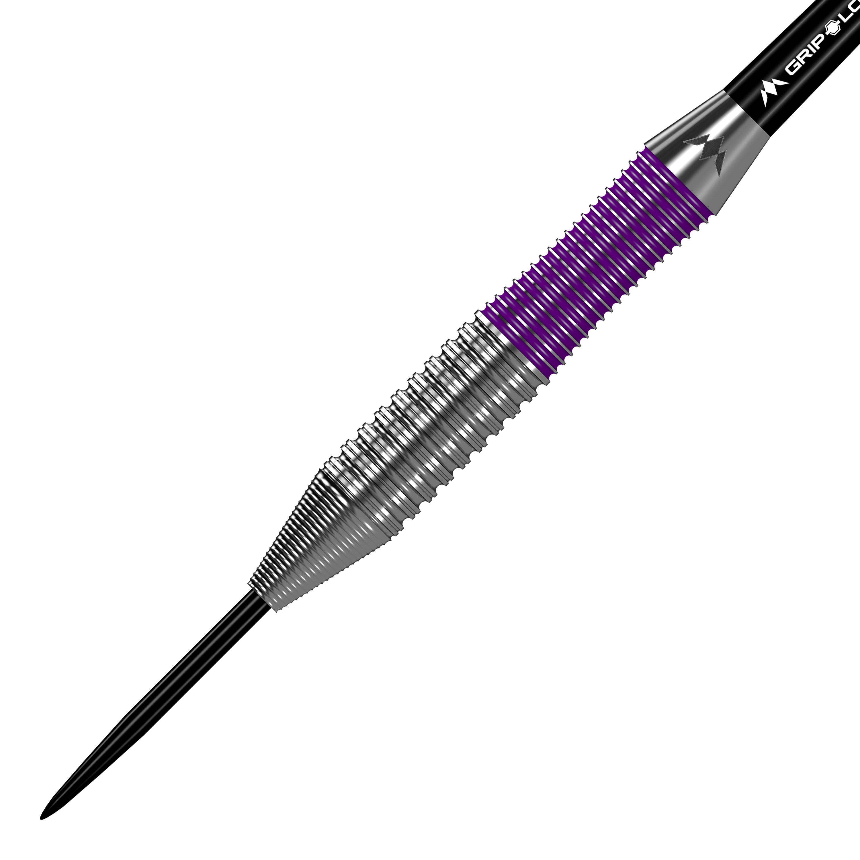 Mission Phantom Brass Steeldarts - 22g Das Bild zeigt einen Mission Phantom Brass Steeldart mit einem Gewicht von 22g. Der Dart hat eine silberne Spitze und ein Griffstück mit lila und silbernen Rillen.