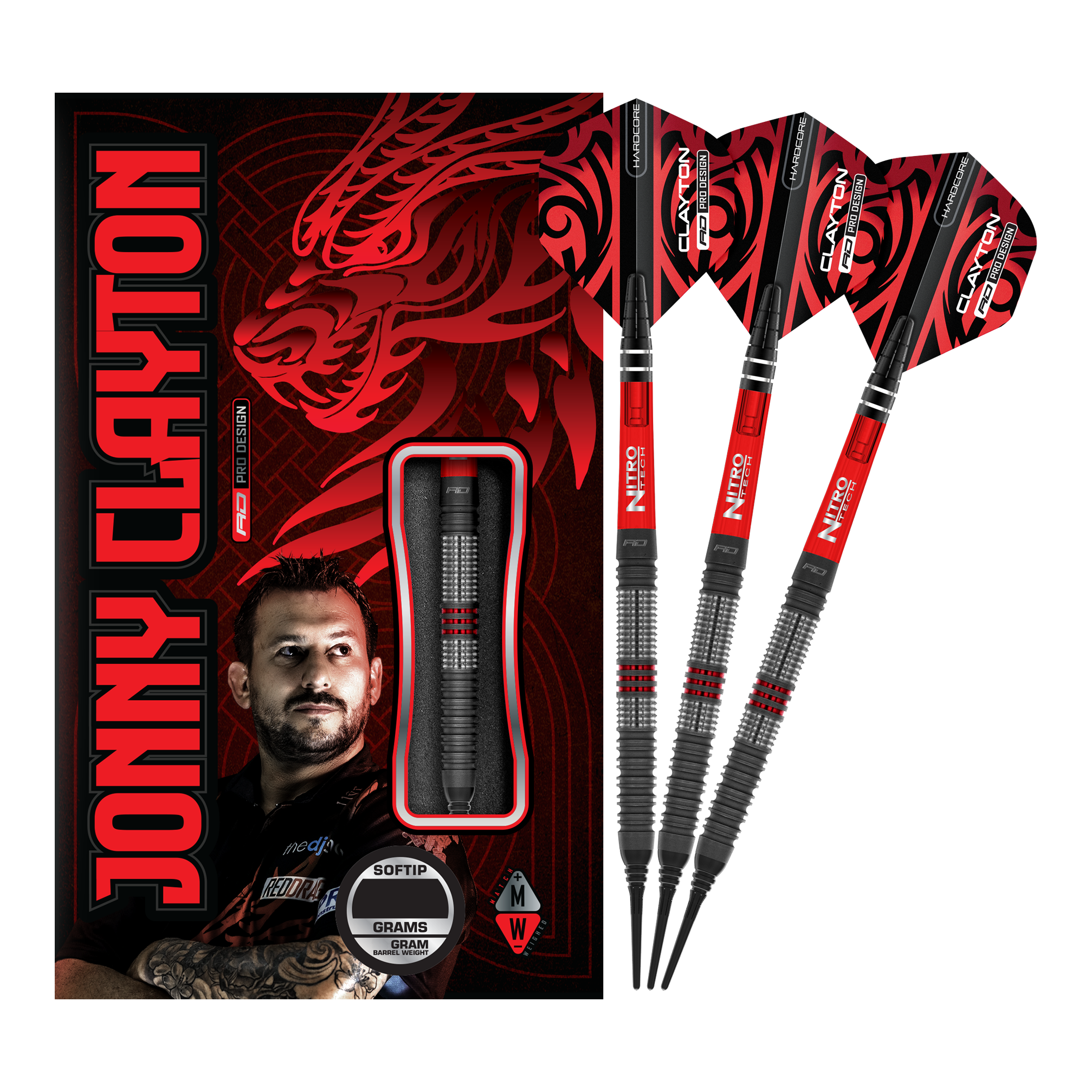 Red Dragon Jonny Clayton Hiraeth Softdarts - 20g Das Bild zeigt das Produkt „Red Dragon Jonny Clayton Hiraeth Softdarts - 20g“ mit drei roten und schwarzen Softdarts neben der Verpackung. Auf der Verpackung ist ein Porträt von Jonny Clayton sowie ein roter Drachen zu sehen.
