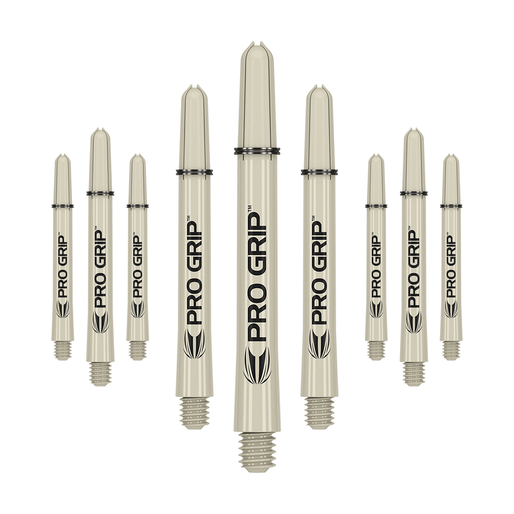 Das Bild zeigt neun beige Dartschäfte mit der Aufschrift "PRO GRIP". Sie sind in drei Reihen angeordnet und haben am Ende ein Schraubgewinde.
