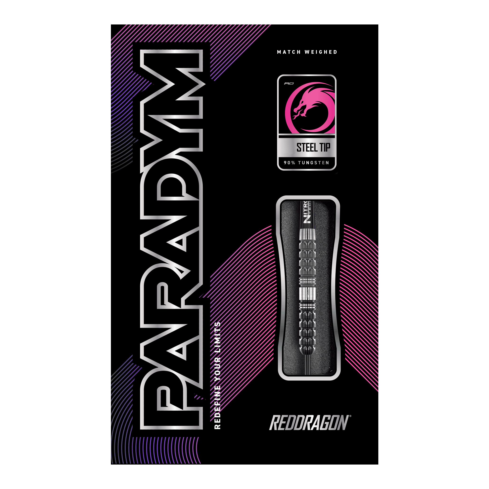 Red Dragon Paradym Tapered Steeldarts Die Abbildung zeigt die Verpackung der "Red Dragon Paradym Tapered Steeldarts". Auf der Packung sind die Begriffe "Steel Tip", "90% Tungsten" und das Red Dragon Logo zu sehen.