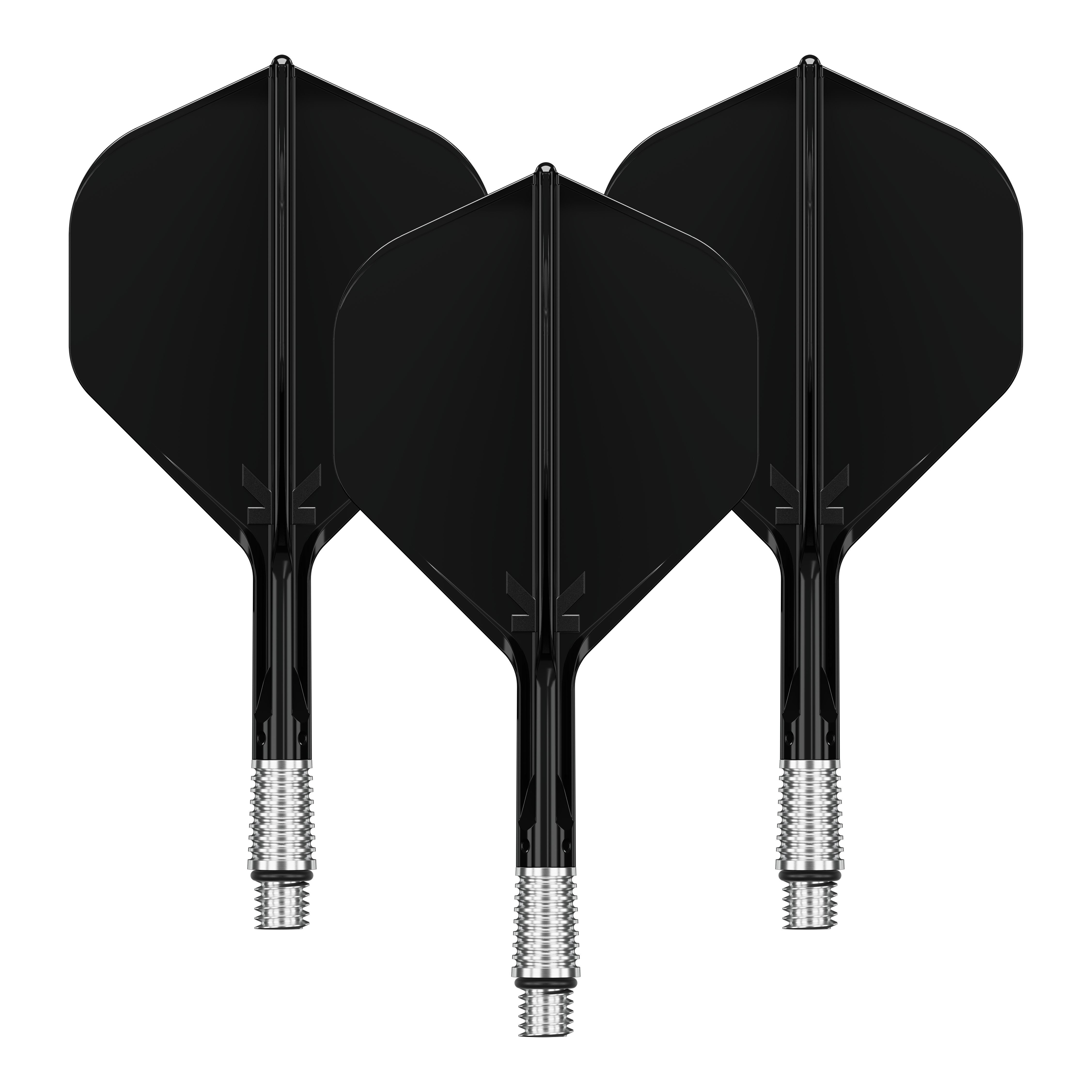 Ein Dart-Flight in schwarzer Farbe, etwa 26 mm groß. Das Produktbild zeigt die Standardform des Dart-Flights.