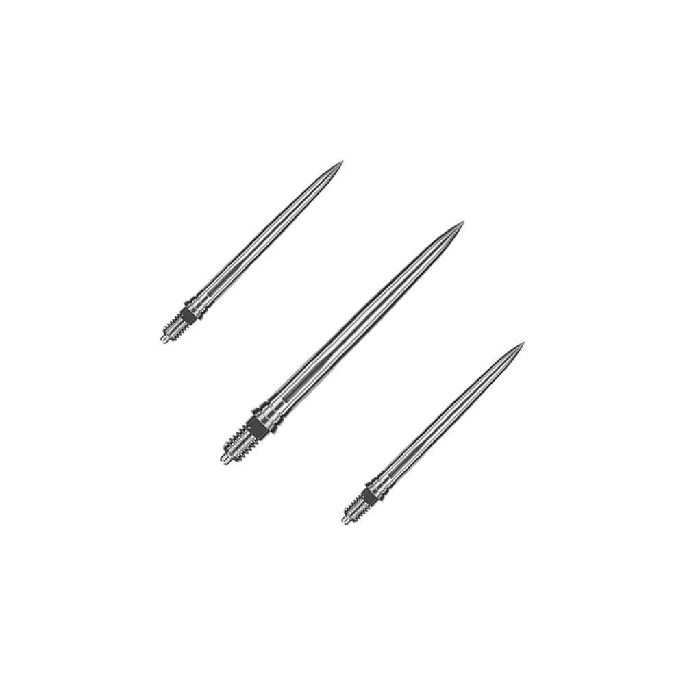 Caliburn EZ-EVO Dartspitzen - Smooth - Silber Das Bild zeigt ein Set aus glatten silbernen Dartspitzen. Die Spitzen sind ordentlich nebeneinander angeordnet.