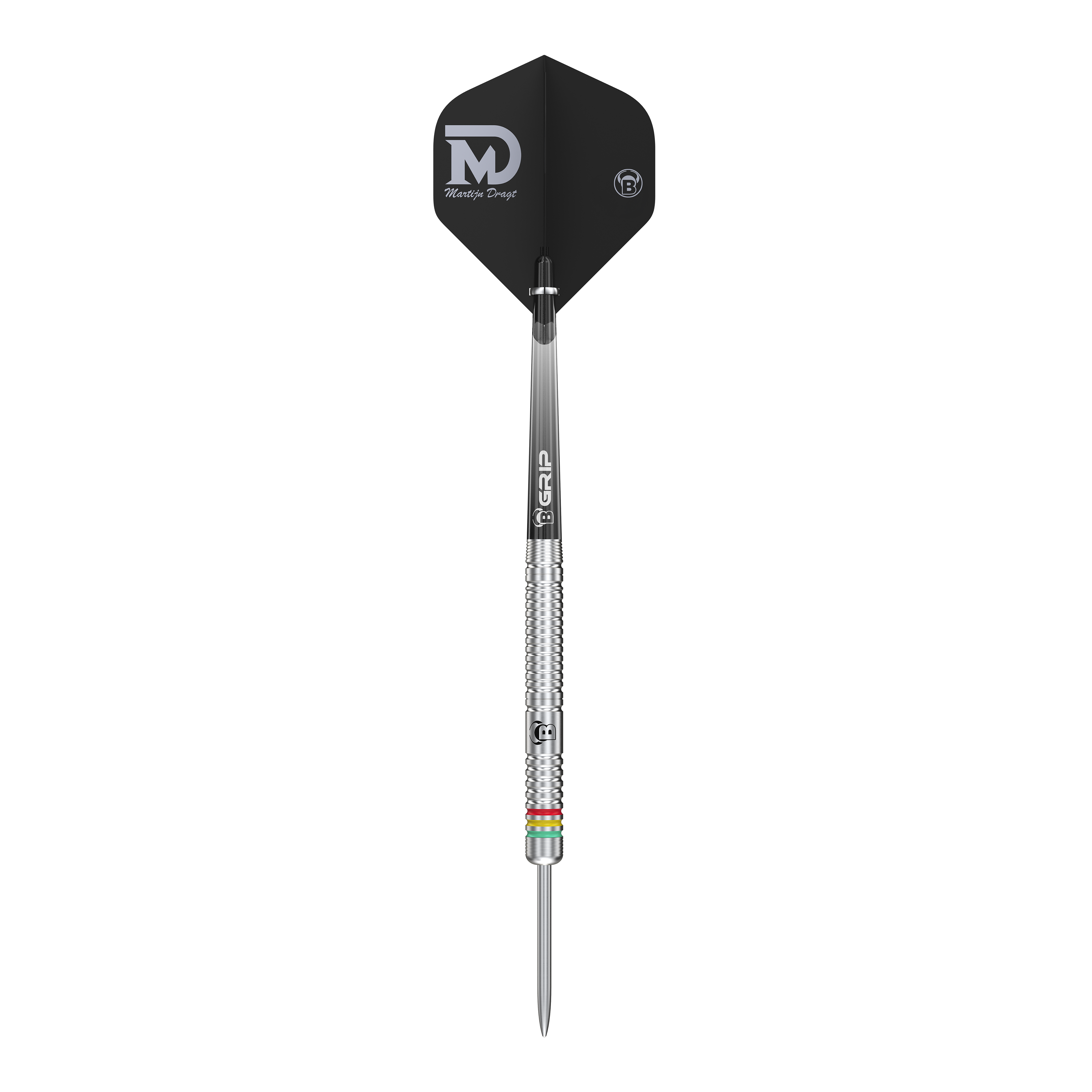 Bulls Martijn Dragt Steeldarts - 24g Dies ist ein Steeldart mit silbernem Schaft und schwarzem Flight, auf dem "Martijn Dragt" steht. Das Produkt heißt "Bulls Martijn Dragt Steeldarts - 24g".