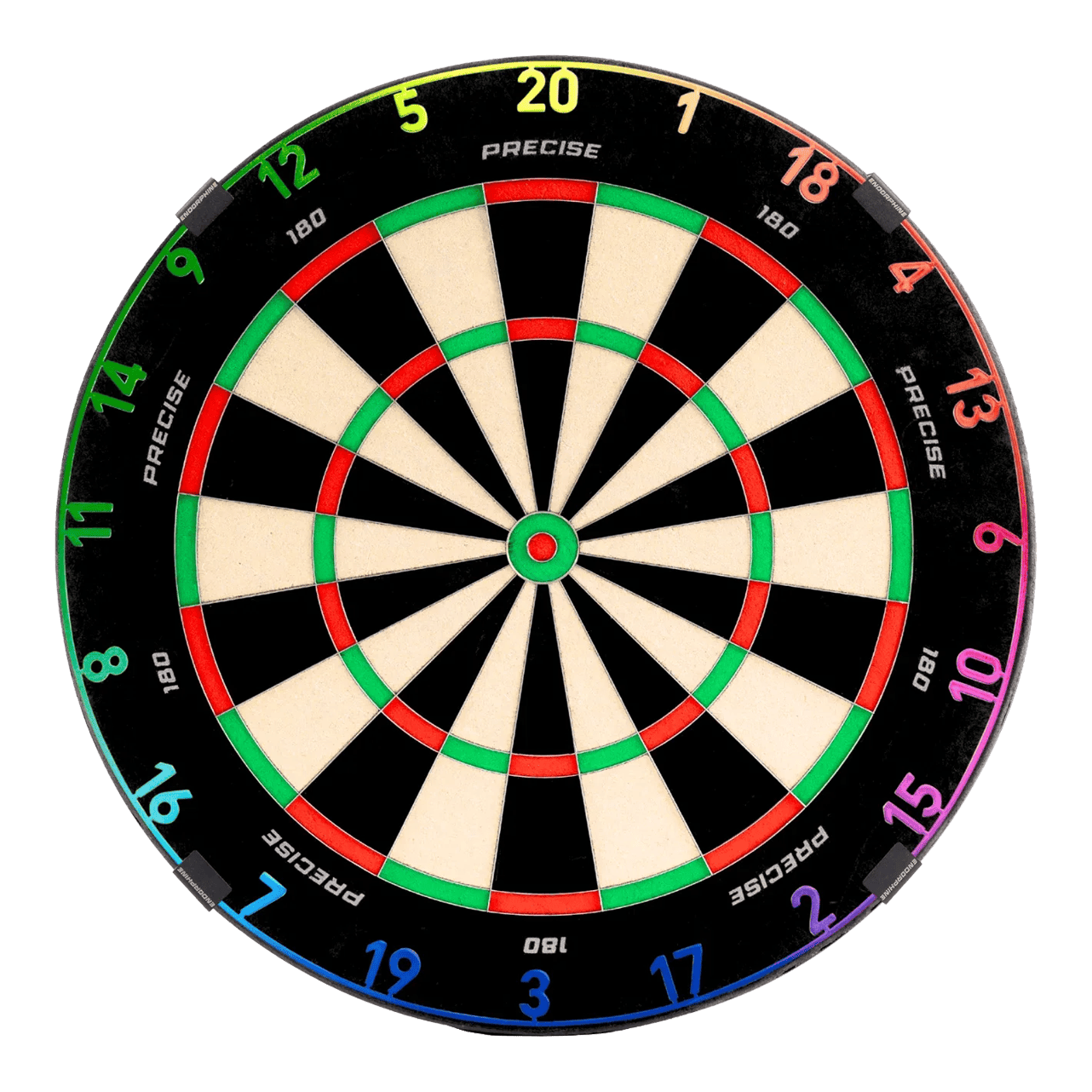 Zu sehen ist das Precise 180 Endorphine Steeldartboard mit Nummernring – Spectrum. Das Dartboard ist frontal abgebildet.