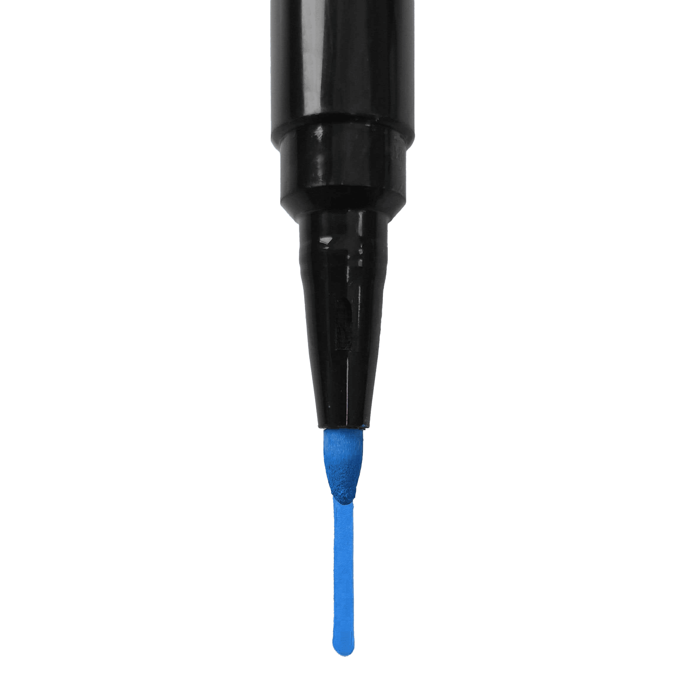 Auf dem Bild ist die Spitze eines blauen Boardmarkers zu sehen. Der Stift ist senkrecht ausgerichtet und die Kappe ist abgenommen.