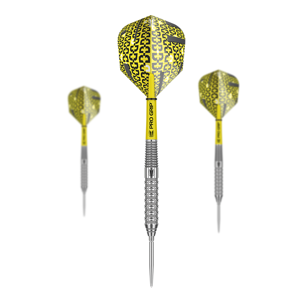 Target Bolide 02 Swiss Point Steeldarts Das Bild zeigt drei Target Bolide 02 Swiss Point Steeldarts mit silbernem Schaft und gelb-schwarzem Flight. Die Darts haben den Aufdruck "PRO GRIP" auf dem Schaft.