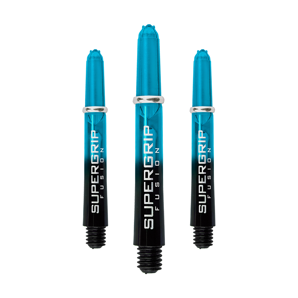 Das Bild zeigt drei Harrows Supergrip Fusion Shafts in der Farbe Aqua. Sie sind länglich und haben ein modernes, transparentes Design mit schwarzem unteren Teil.