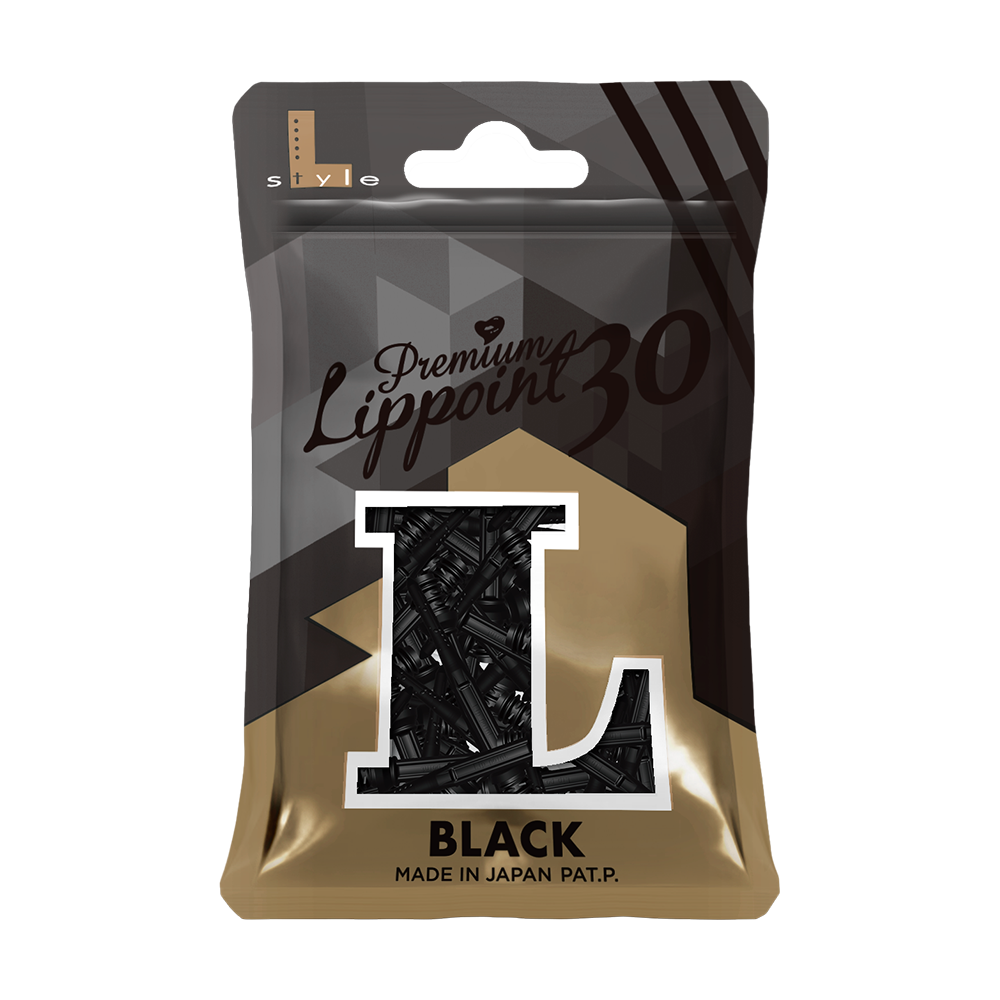 Die Abbildung zeigt eine Verpackung der "L-Style Premium Lippoints 30" in Schwarz. Die Packung enthält 30 Stück mit jeweils 30 mm Länge, hergestellt in Japan.