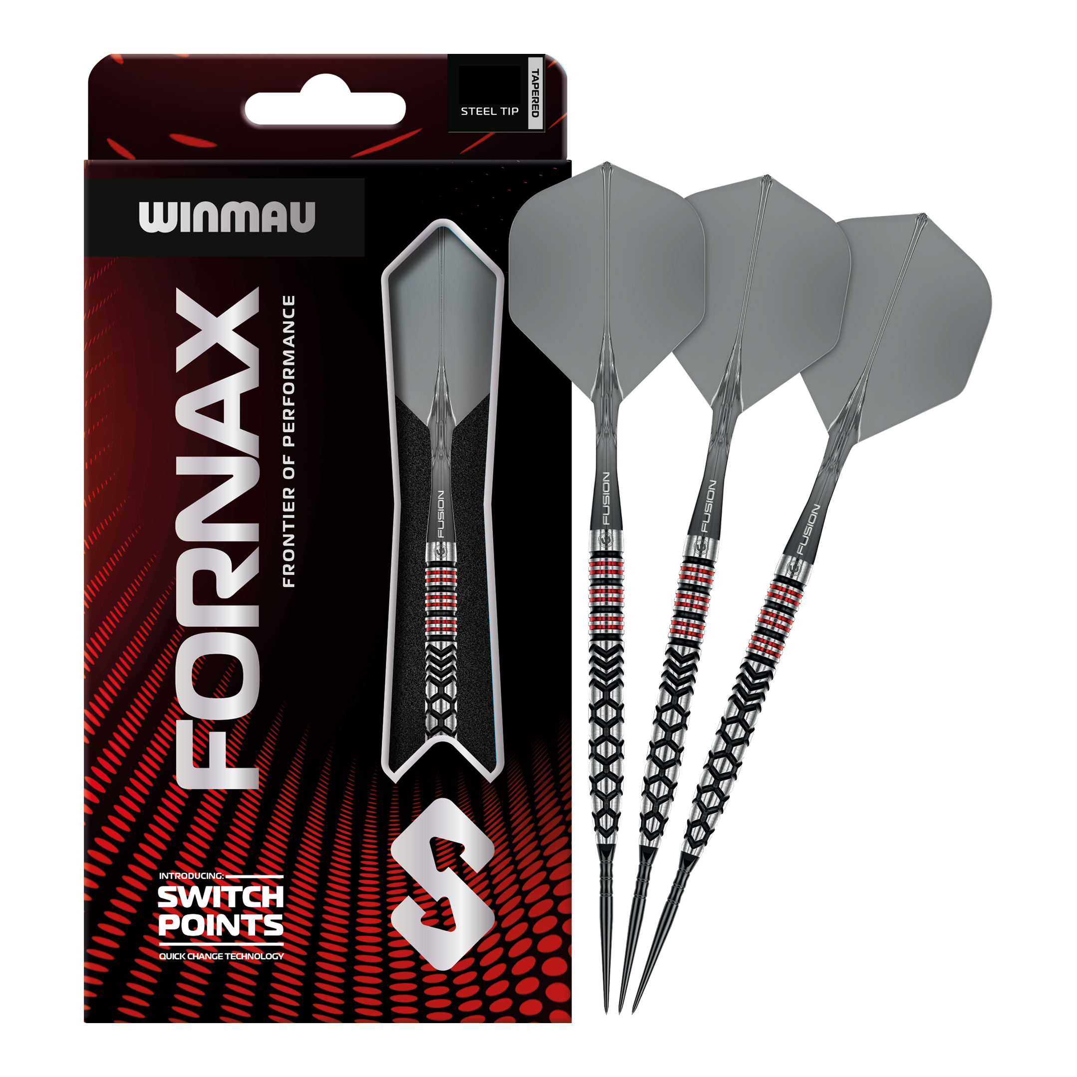 Winmau Fornax Tapered Switch Point Steeldarts Das Bild stellt die Winmau Fornax Tapered Switch Point Steeldarts dar. Sie sind hochwertige Steeldarts für ambitionierte Spieler.