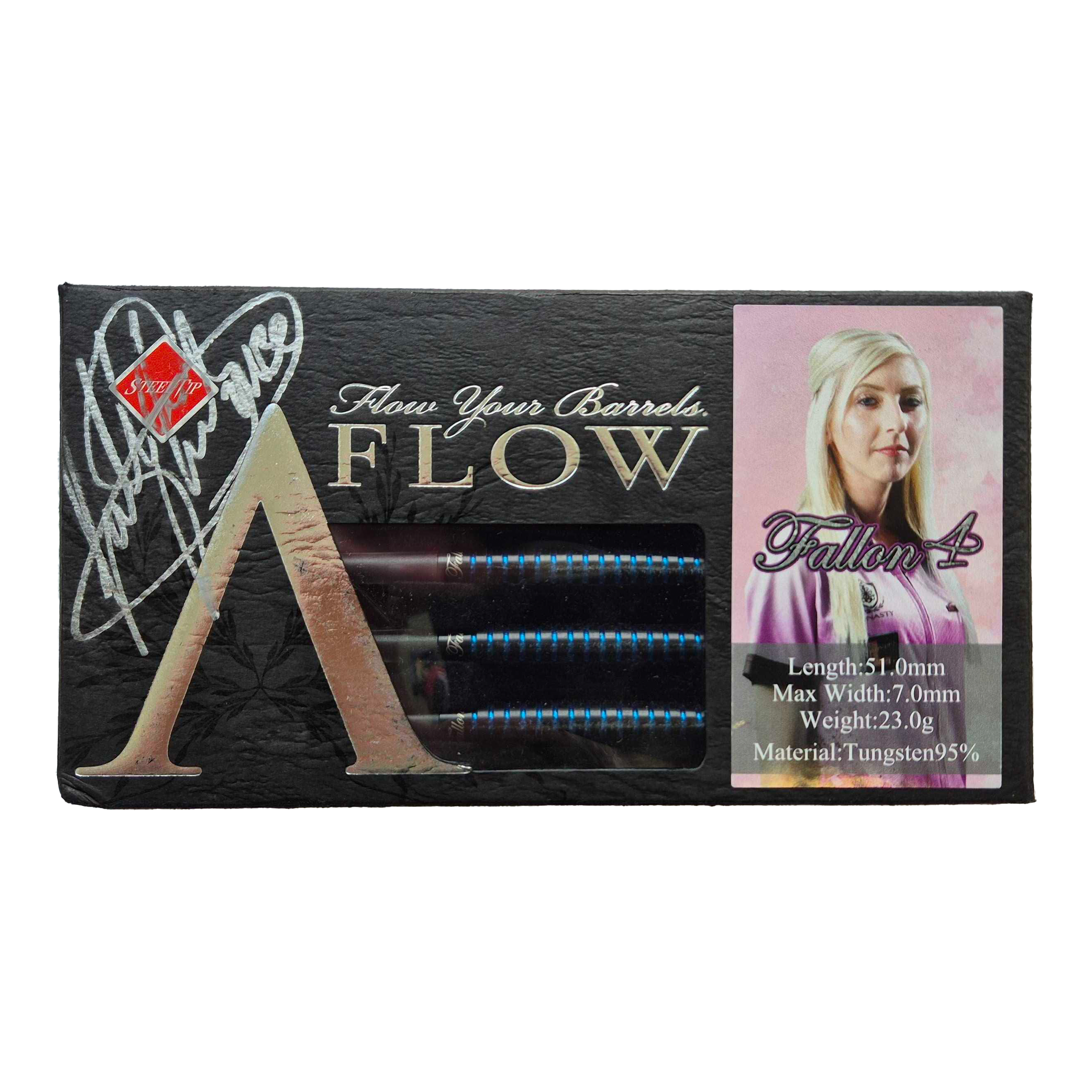 Dynasty Fallon Sherrock 4 AFlow BK Steeldarts - Mit Autogramm - 23g Das Bild zeigt eine Packung Dynasty Fallon Sherrock 4 AFlow BK Steeldarts mit einer Unterschrift. Auf der Verpackung ist auch ein Foto von Fallon Sherrock sowie die technischen Daten der Darts abgebildet.