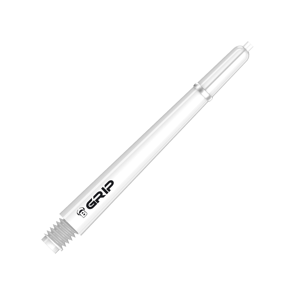 BS55059_Bulls_B-Grip-2_SL_Shafts_Weiss_48mm_2 Das Bild zeigt einen weißen Dartshaft des Produkts "Bulls B-Grip-2 SL Shafts". Auf dem Schaft ist das Wort "GRIP" zusammen mit einem kleinen "B"-Logo zu sehen.