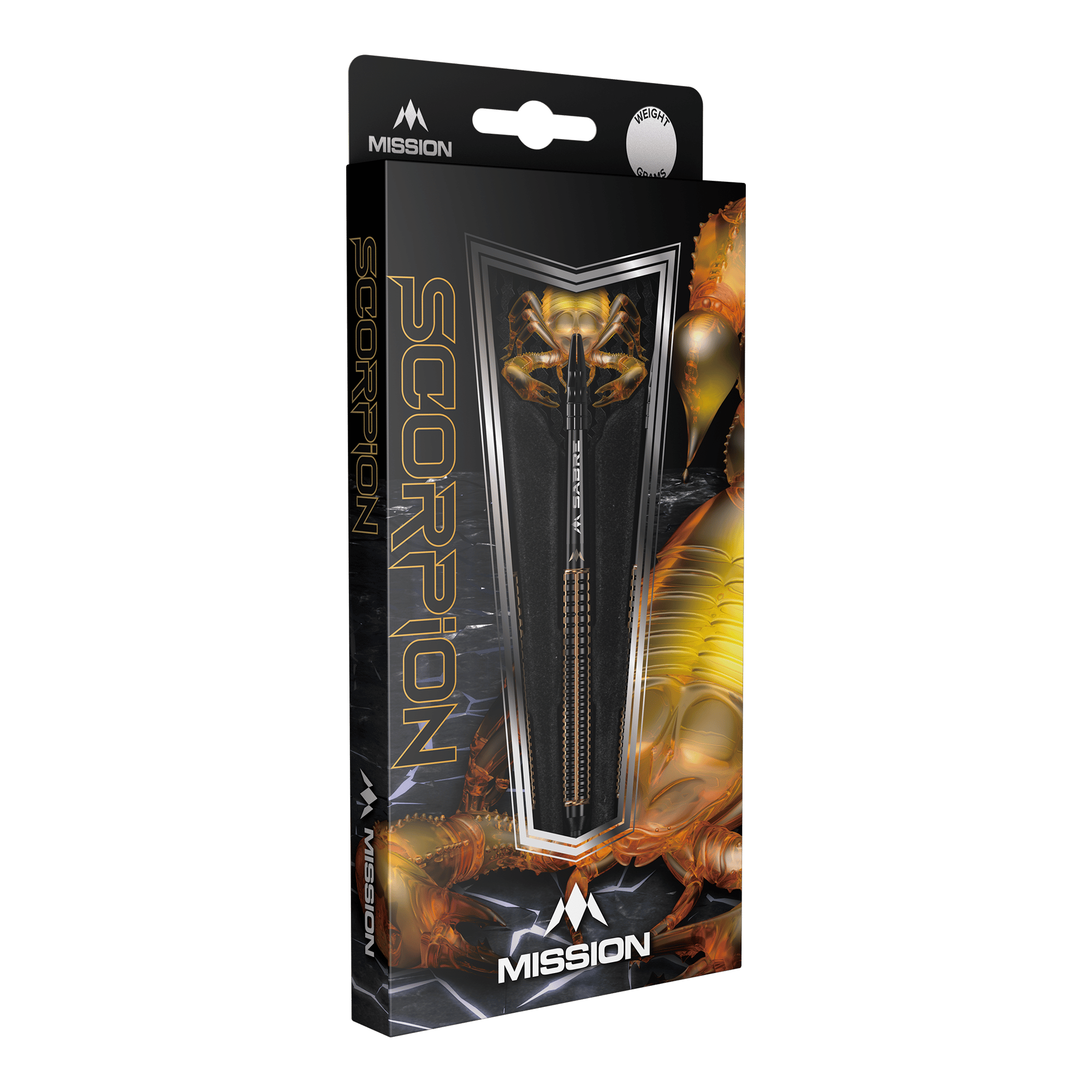 Mission Scorpion Softdarts - 19g Die Abbildung zeigt die Verpackung der "Mission Scorpion Softdarts - 19g". Das Design ist schwarz-gold mit einem Skorpionmotiv und zeigt einen Dartpfeil in der Mitte.