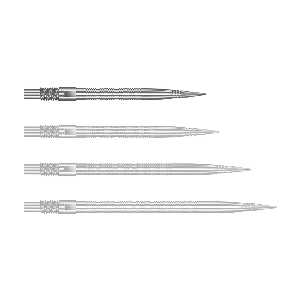 Silberne Harrows Quick Point MicroRidge Dartspitzen mit 26 mm Länge werden dargestellt. Die Spitzen liegen einzeln auf einer hellen Oberfläche.