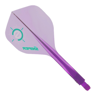 Condor Axe 120 Connor Scutt Sniper Clear Purple Flight-System - Standard Das Bild zeigt ein Condor Axe 120 Connor Scutt Sniper Clear Purple Flight-System in Standardform. Das Produkt ist überwiegend durchsichtig-lila und hat grüne Akzente sowie den Schriftzug "SNIPER" auf dem Flight.