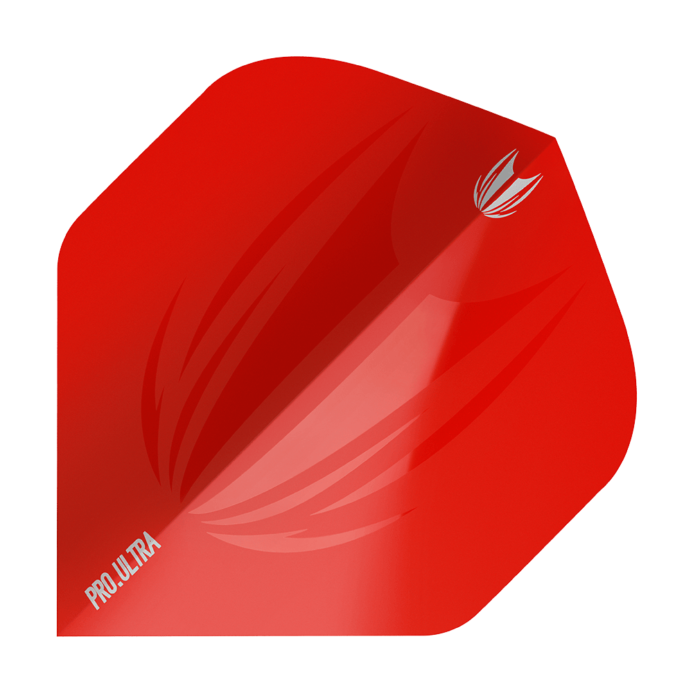 TG424_Target_ProUltra_ID_Red_No2_Standard_Flights_1 Das Bild zeigt das Produkt "Target ProUltra ID Red No2 Standard Flights". Es handelt sich um ein rotes Dartflight mit einem dezenten Muster und dem Schriftzug "PRO.ULTRA".