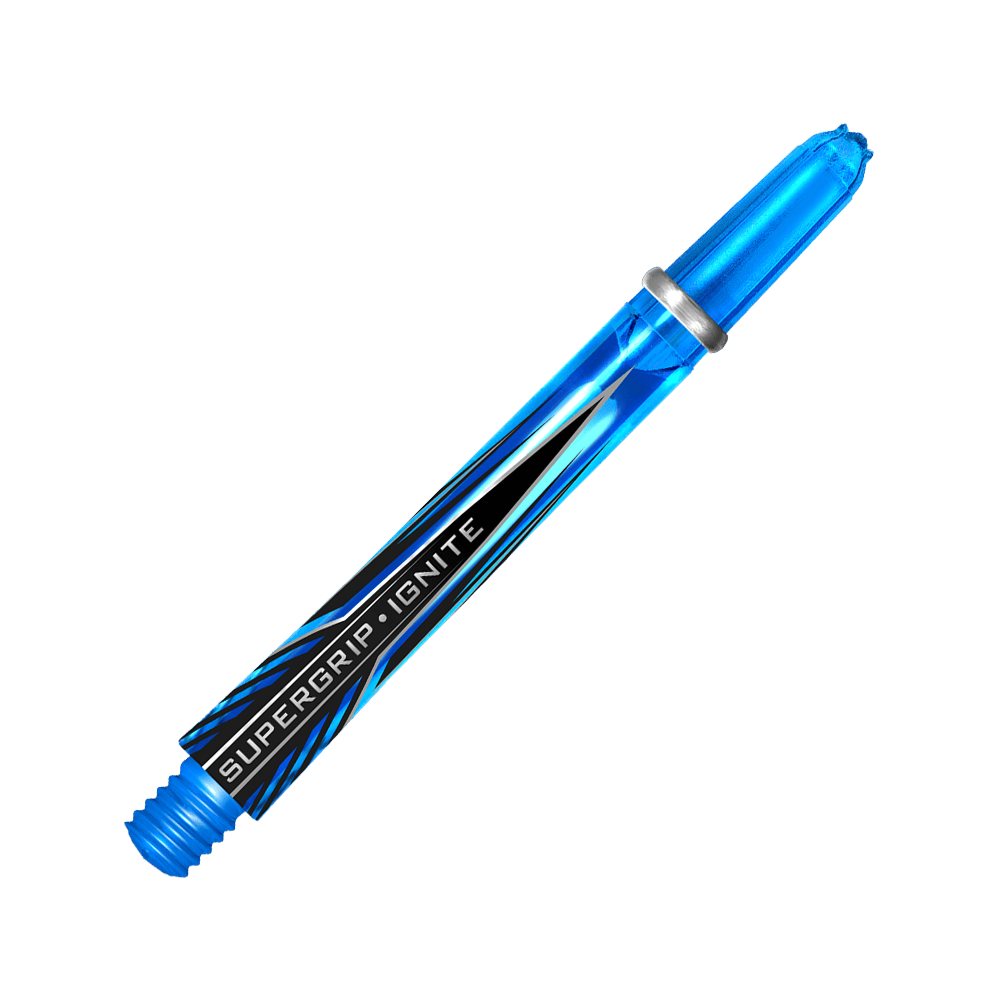 Dies ist der Harrows Supergrip Ignite Shaft in der Farbe Aqua. Der Schaft ist durchsichtig blau und hat den Schriftzug "SUPERGRIP IGNITE" aufgedruckt.
