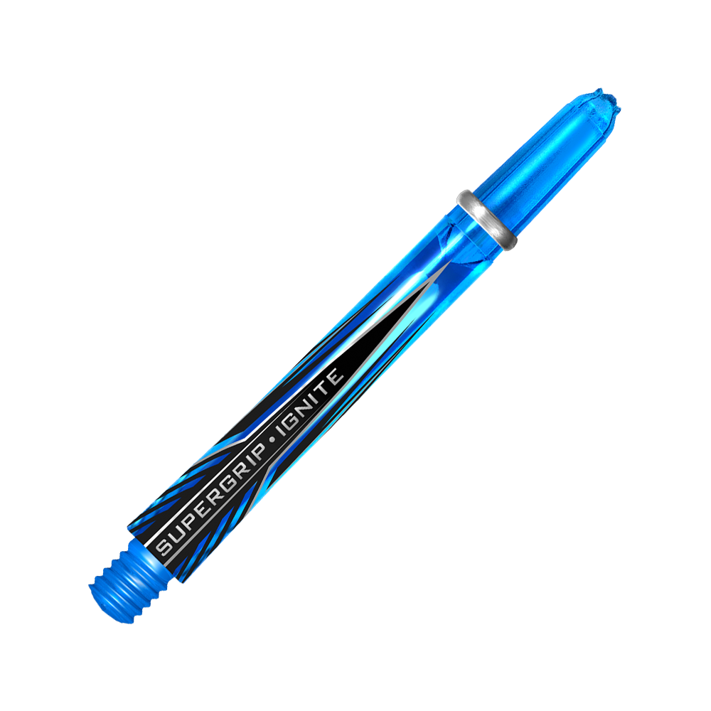 HR388_Harrows_Supergrip_Ignite_Shafts_Aqua_47mm_2 Dies ist der Harrows Supergrip Ignite Shaft in der Farbe Aqua. Der Schaft ist durchsichtig blau und hat den Schriftzug "SUPERGRIP IGNITE" aufgedruckt.