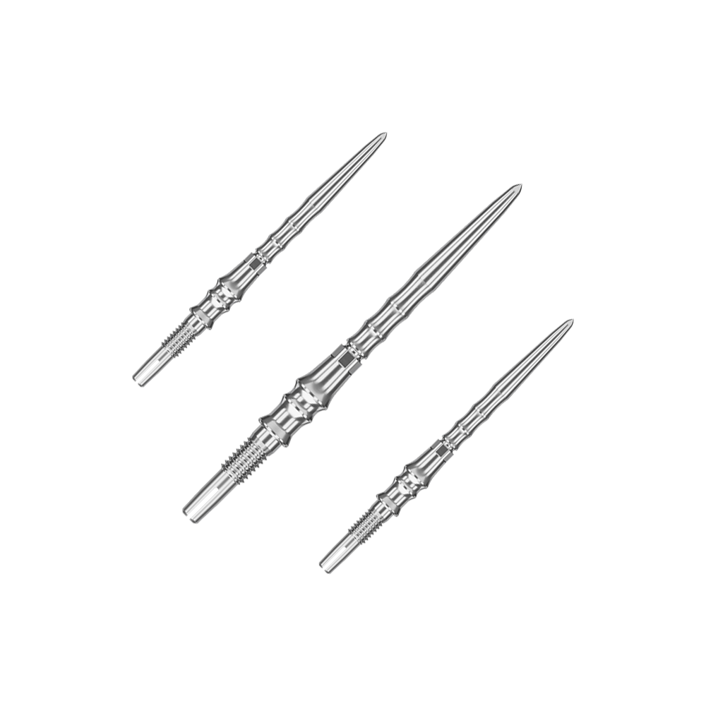 Target Japan Premium Swiss Point Dartspitzen - Silber Ein Set silberner SwissPoint-Dartspitzen mit einer Länge von 30 mm ist abgebildet. Die Dartspitzen sind für den Einsatz mit Target Japan Premium geeignet.