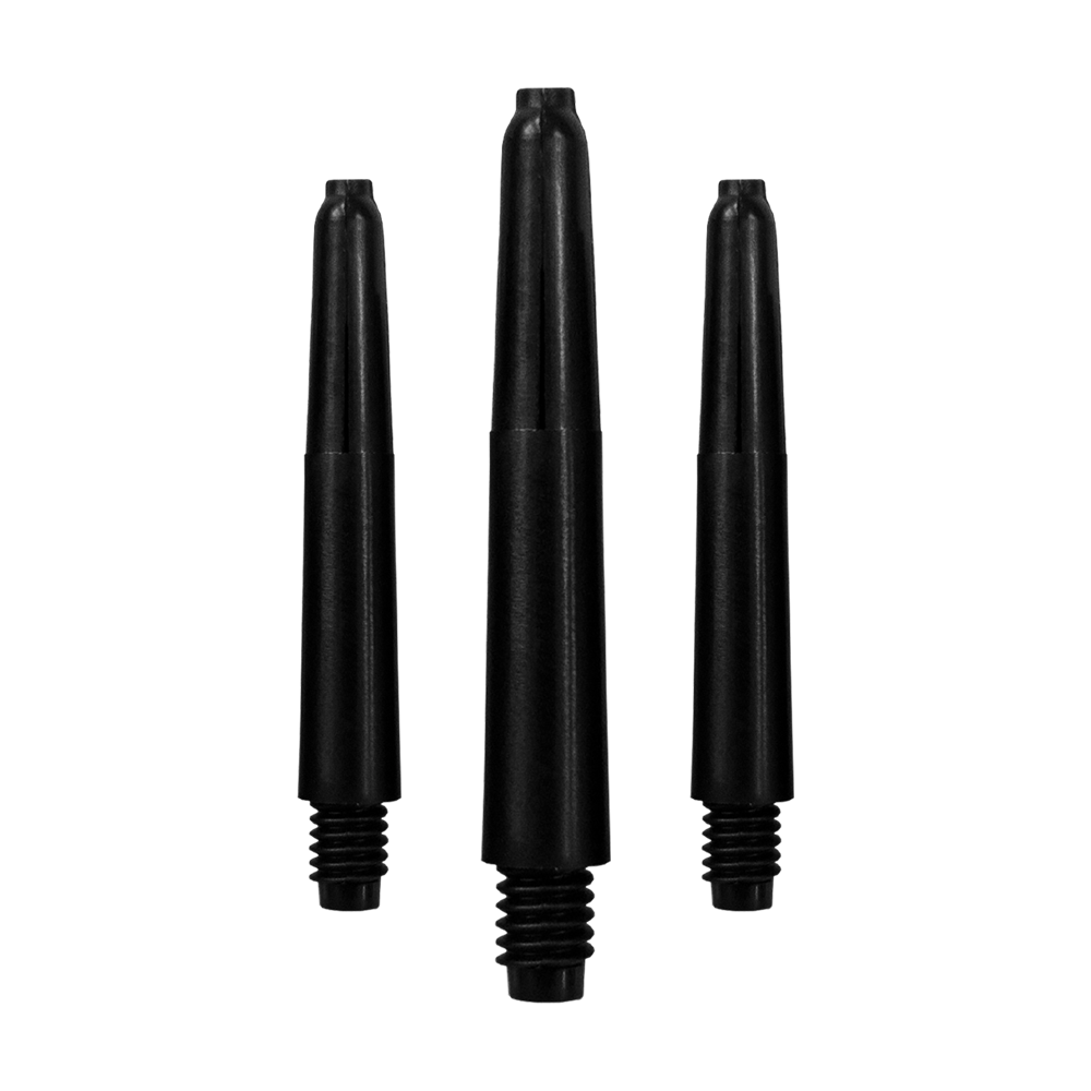 566_Nylon_Shafts_Schwarz_35mm_1 Auf dem Bild sind drei schwarze Nylon-Schäfte zu sehen. Sie sind nebeneinander angeordnet und besitzen ein Schraubgewinde am unteren Ende.