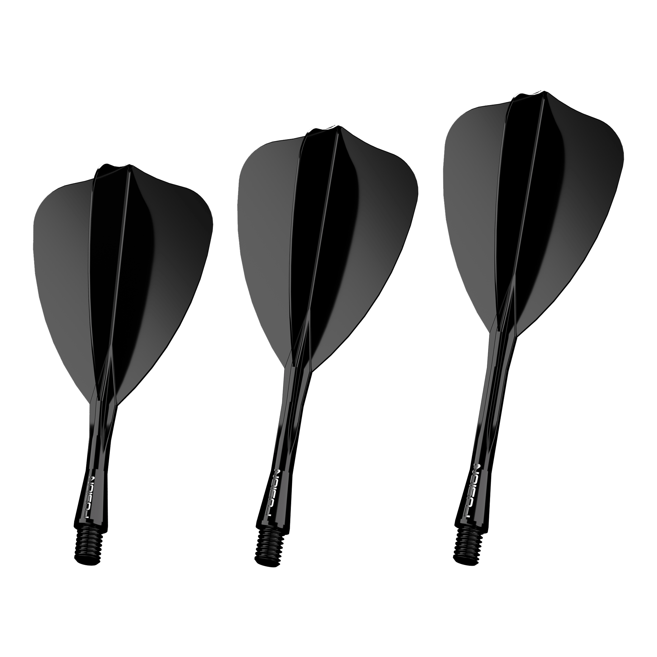 Das Bild zeigt drei schwarze Winmau Fusion Flight-Shaft-System Pfeile. Sie sind nebeneinander angeordnet und haben ein glänzendes, elegantes Design.