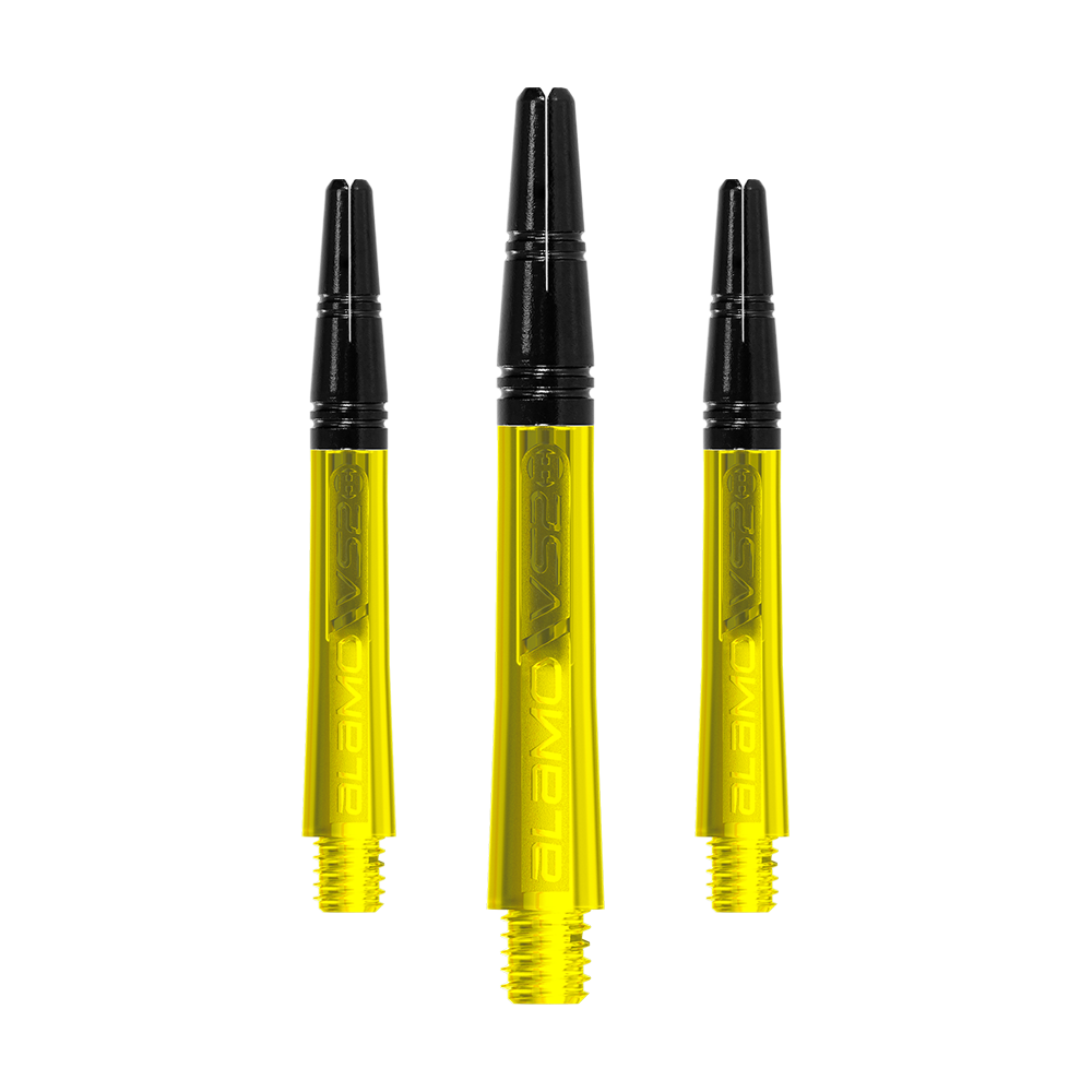 Harrows Alamo VS2 Shafts - Gelb Das Bild zeigt drei gelbe Dartschäfte mit schwarzen Spitzen. Die Schäfte sind mit „Alamo VS2“ beschriftet und stehen aufrecht nebeneinander.
