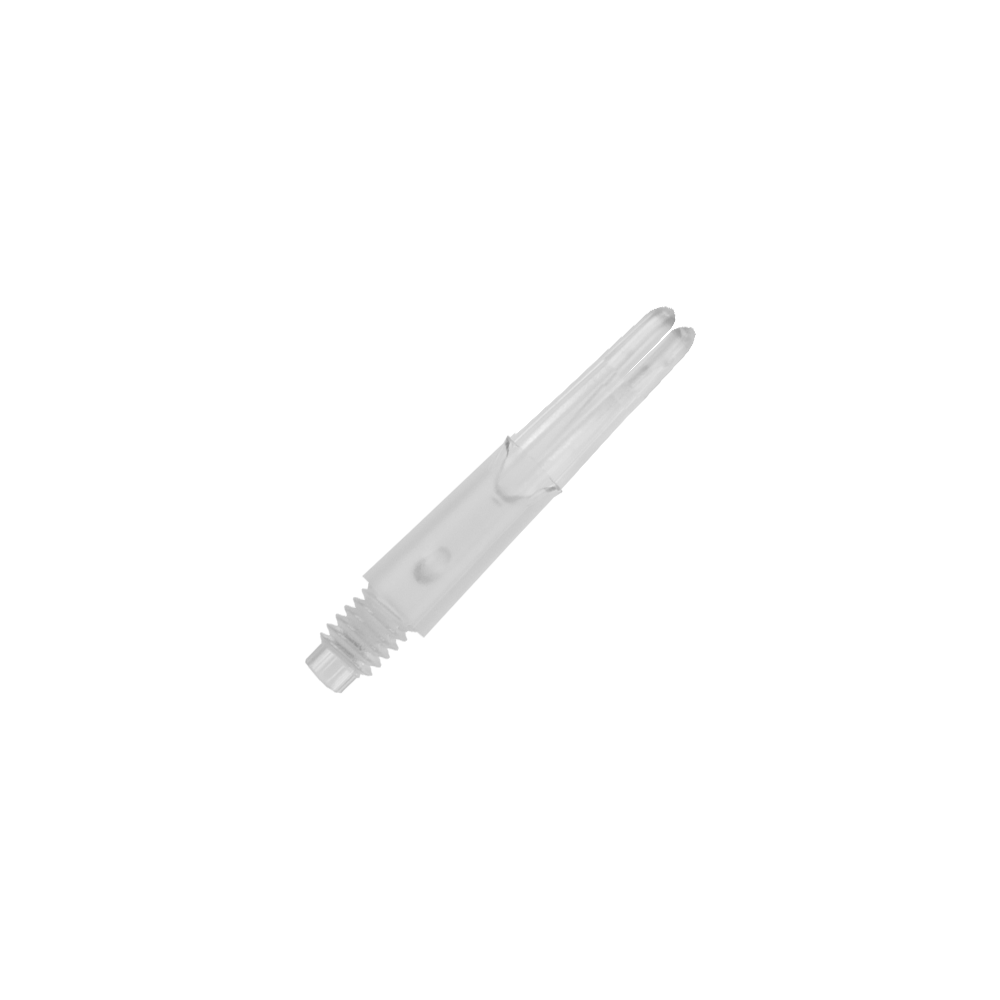 L-Style L-Shafts Locked Straight - Clear 130 Das Bild zeigt einen transparenten, geraden Dart-Schaft aus Kunststoff. Er hat ein Schraubgewinde an einem Ende und ist 26 mm lang.
